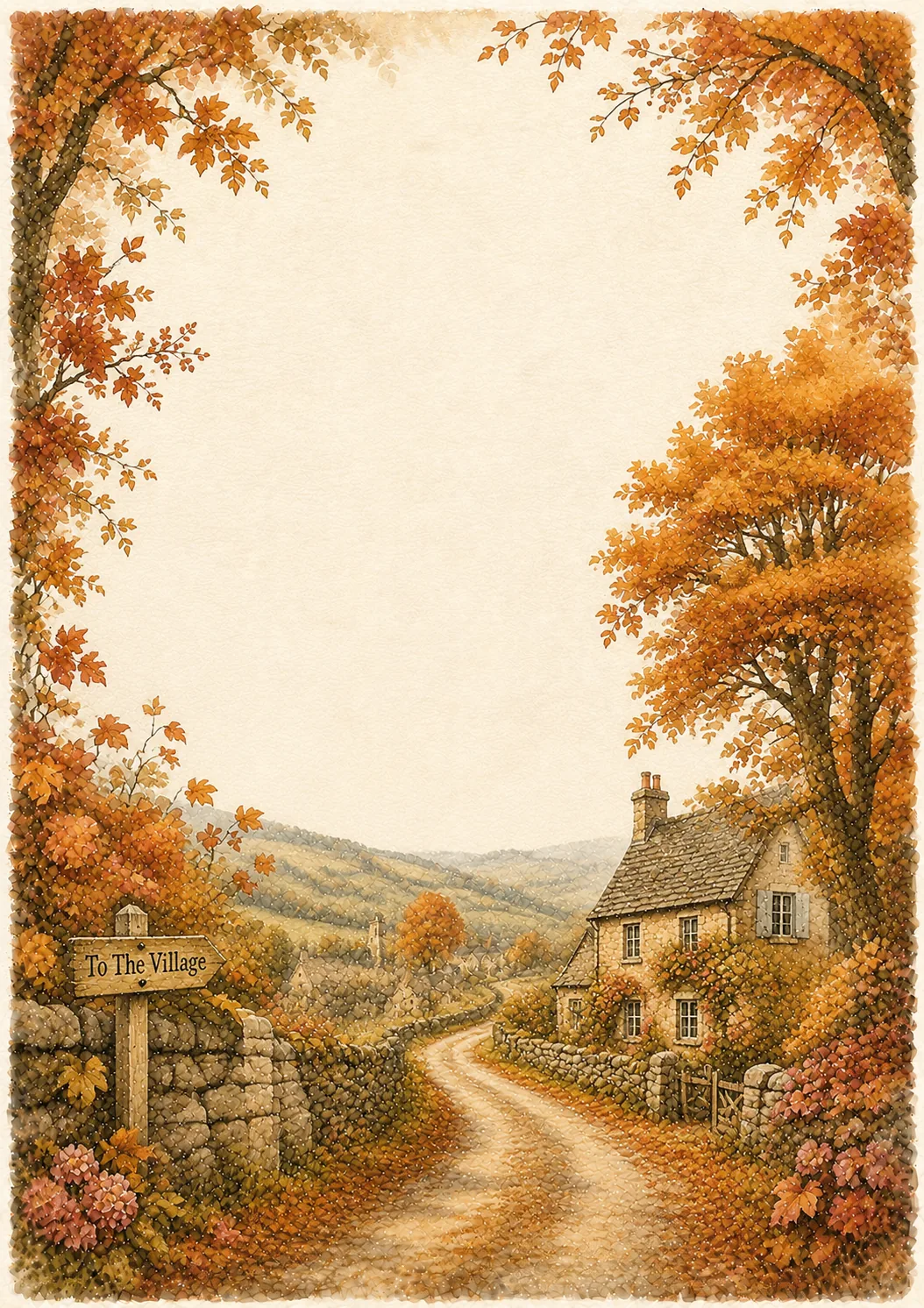 Golden autumn trees and falling leaves framing a stone cottage and dirt path with village signpost.