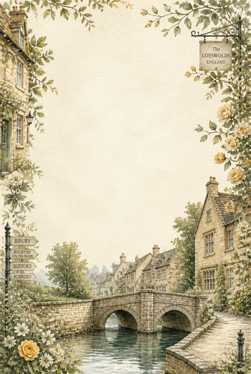 Cotswolds English stone bridge page border with stone cottages and village signpost.