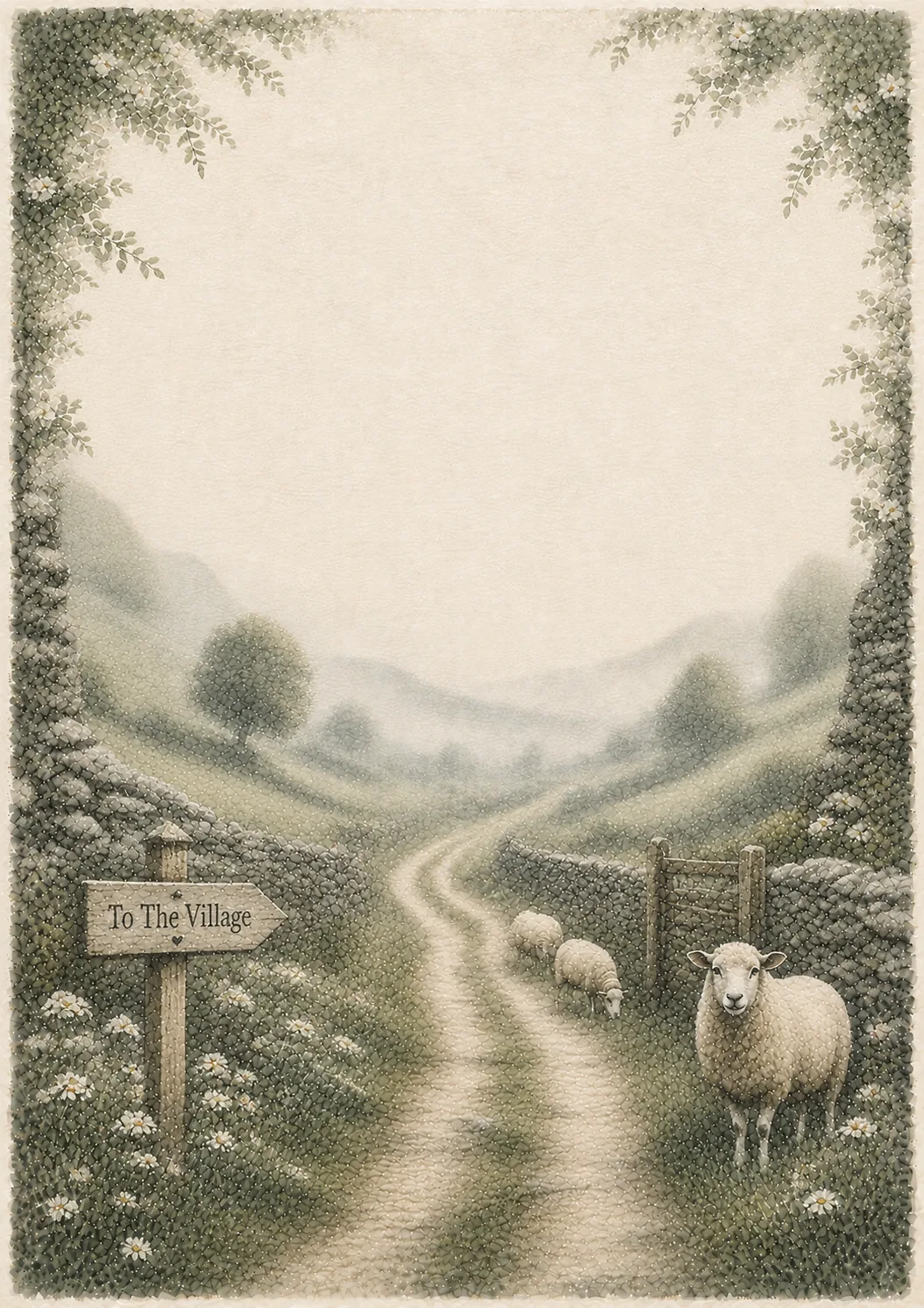 Winding country dirt path lined with dry stone walls and fluffy white sheep in misty rolling hills.