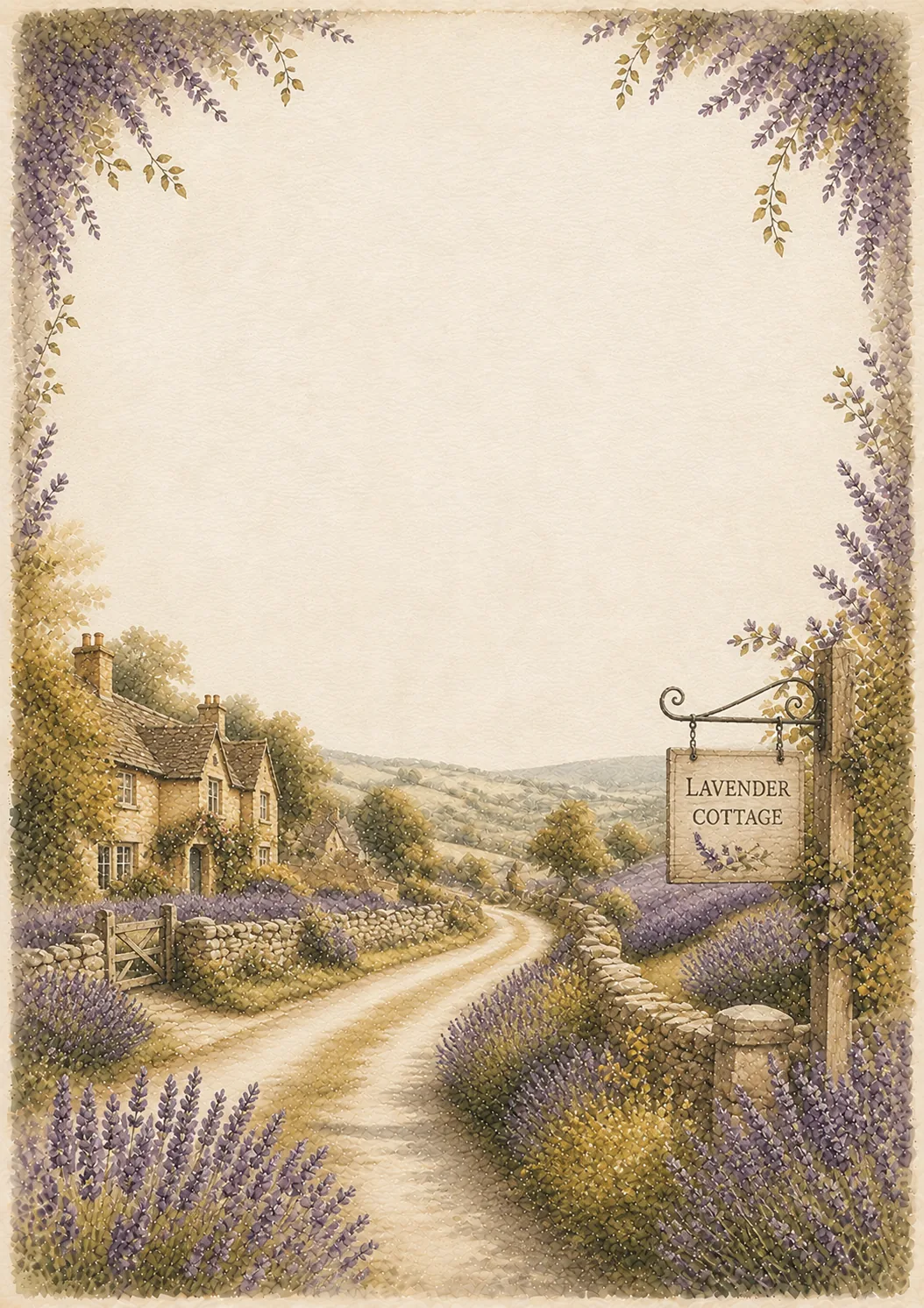 Vibrant purple lavender field path leading to a rustic cottage with hanging Lavender Cottage sign.