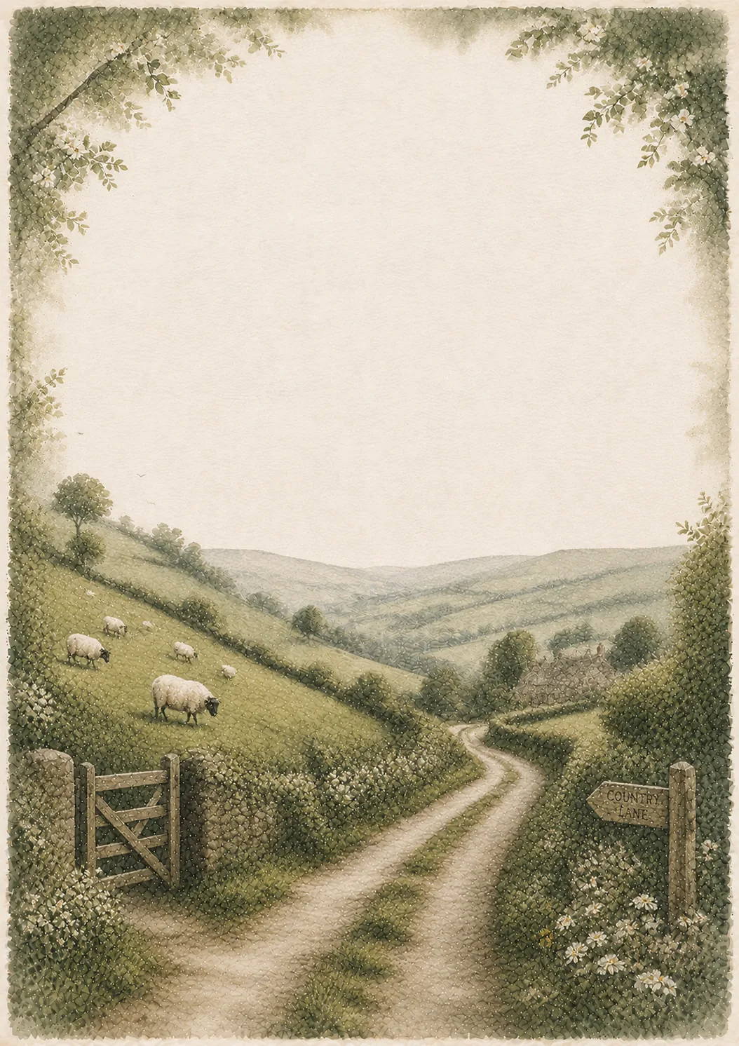 Countryside watercolor landscape showing grazing sheep along a dirt lane with wooden gate and signpost.