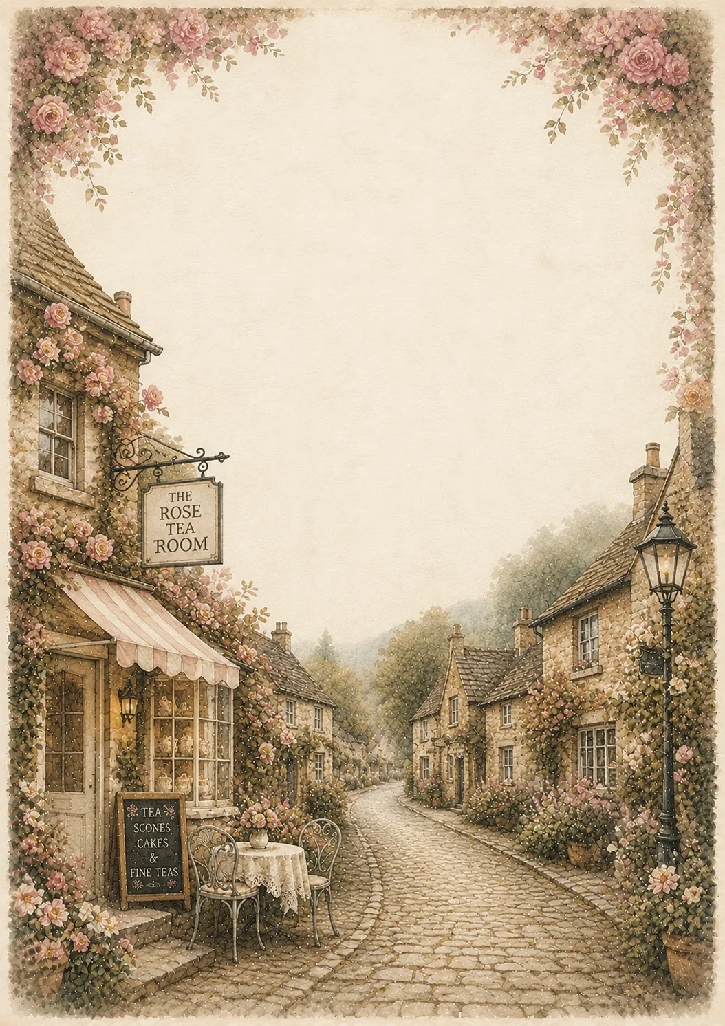 Charming village tea room with hanging sign outdoor seating and climbing pink roses along cobblestone street.