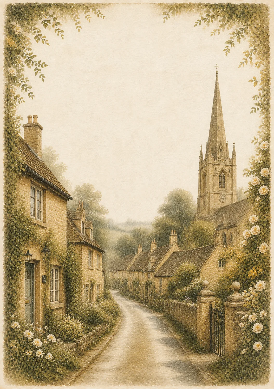 Historic stone church steeple rising above picturesque village cottages and stone wall path.