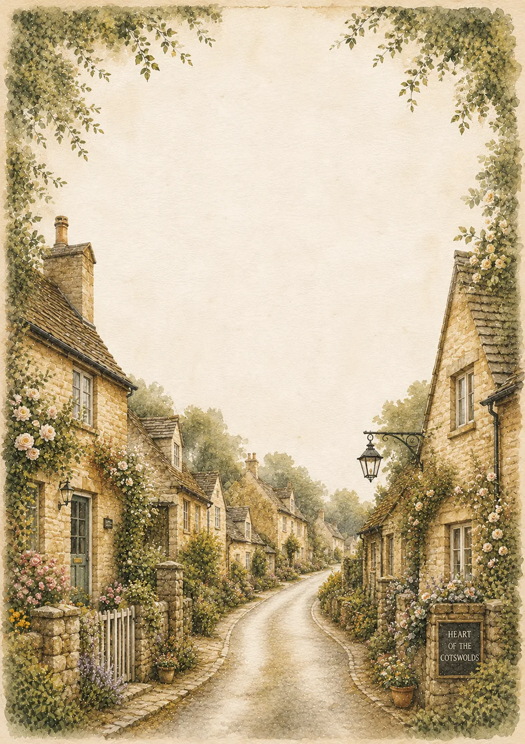 Beautiful cotswolds england washed border pages featuring honey stone cottages and climbing roses along a lane.