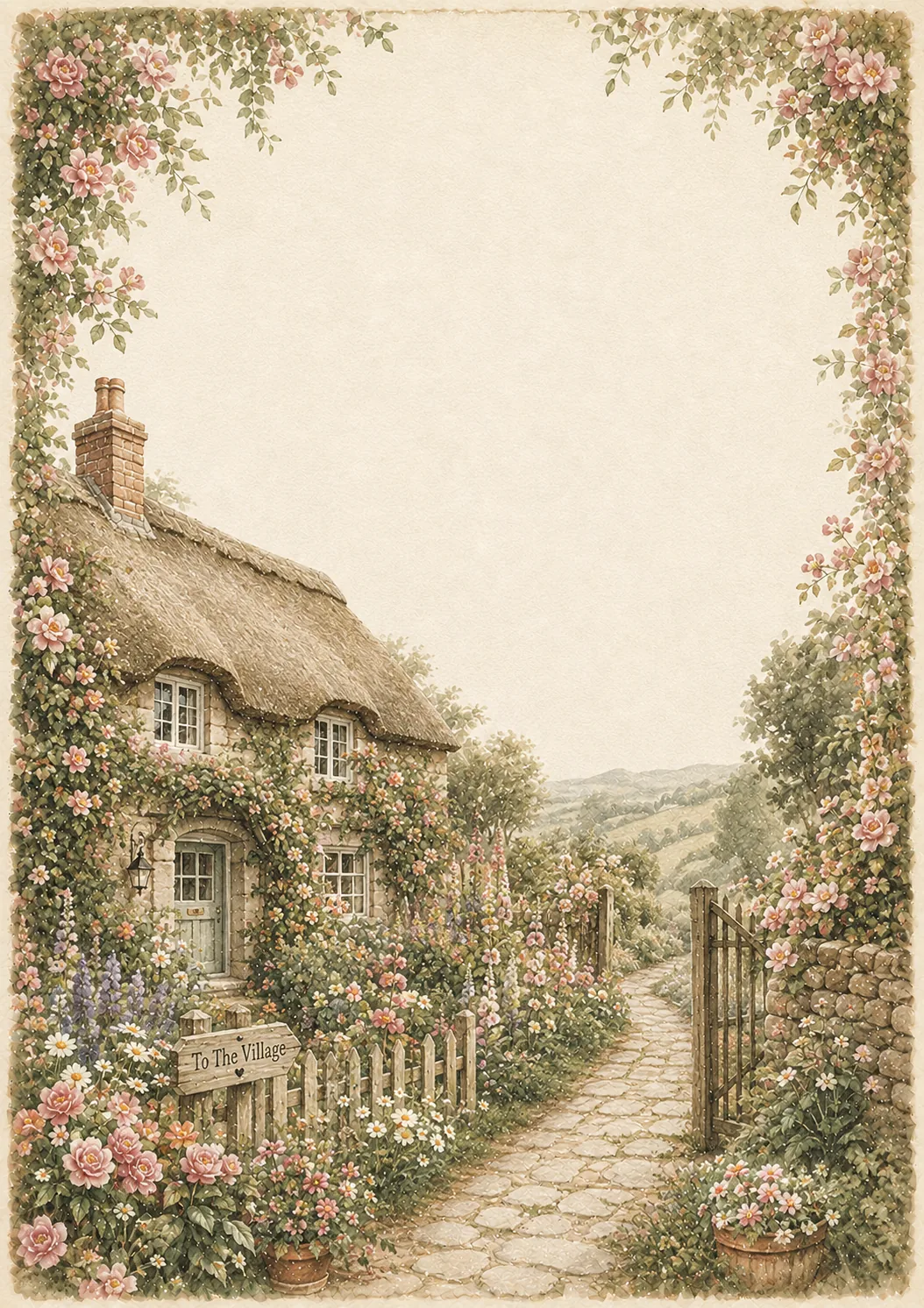 Thatched roof cottage tucked into a colorful blooming flower garden with stone path and open wooden gate.