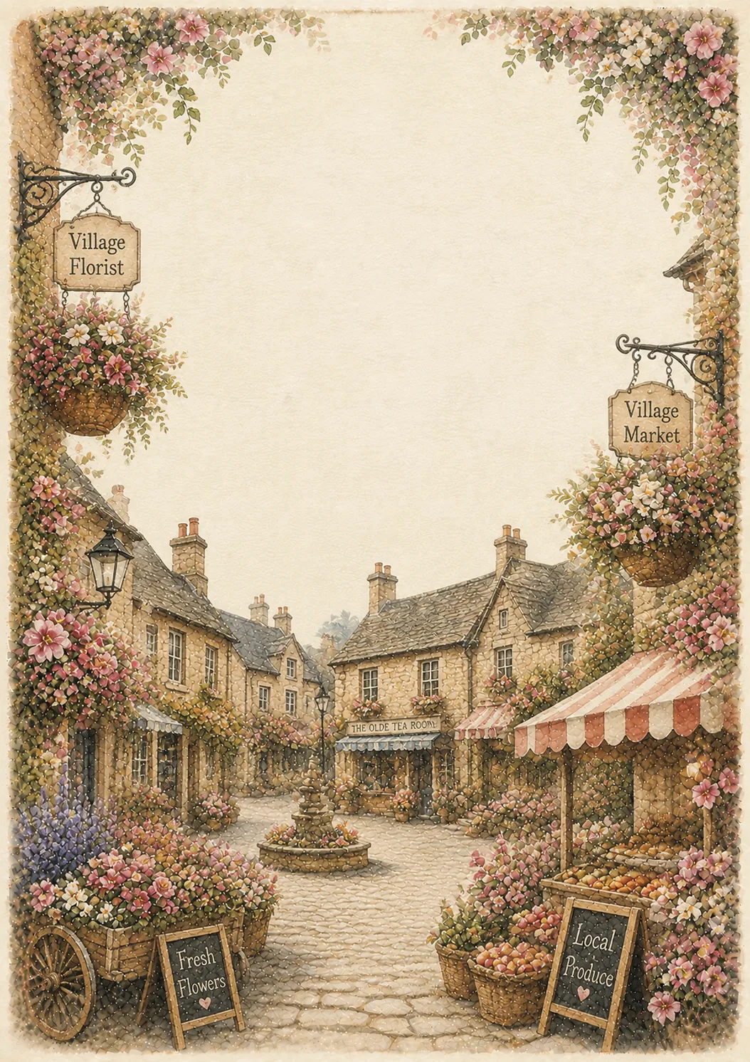 High quality cotswolds england washed border pages with flower shop displays and village market square stalls.