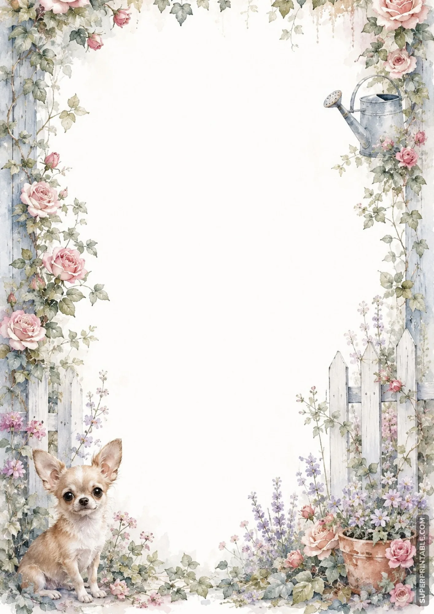 Cottage garden border page with white picket fence watering can roses and chihuahua
