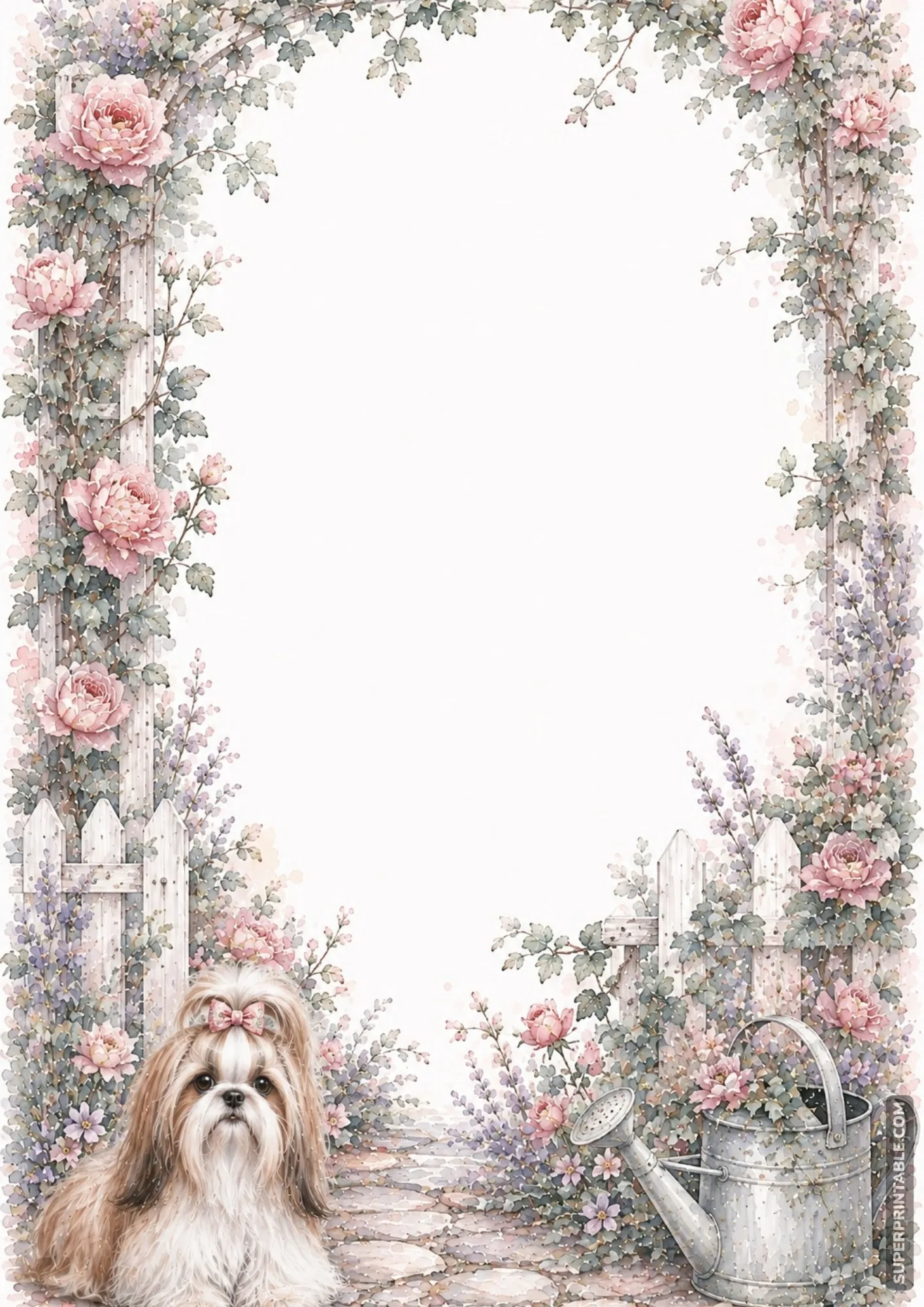Cottage garden stationery frame with picket fence pink roses and watering can