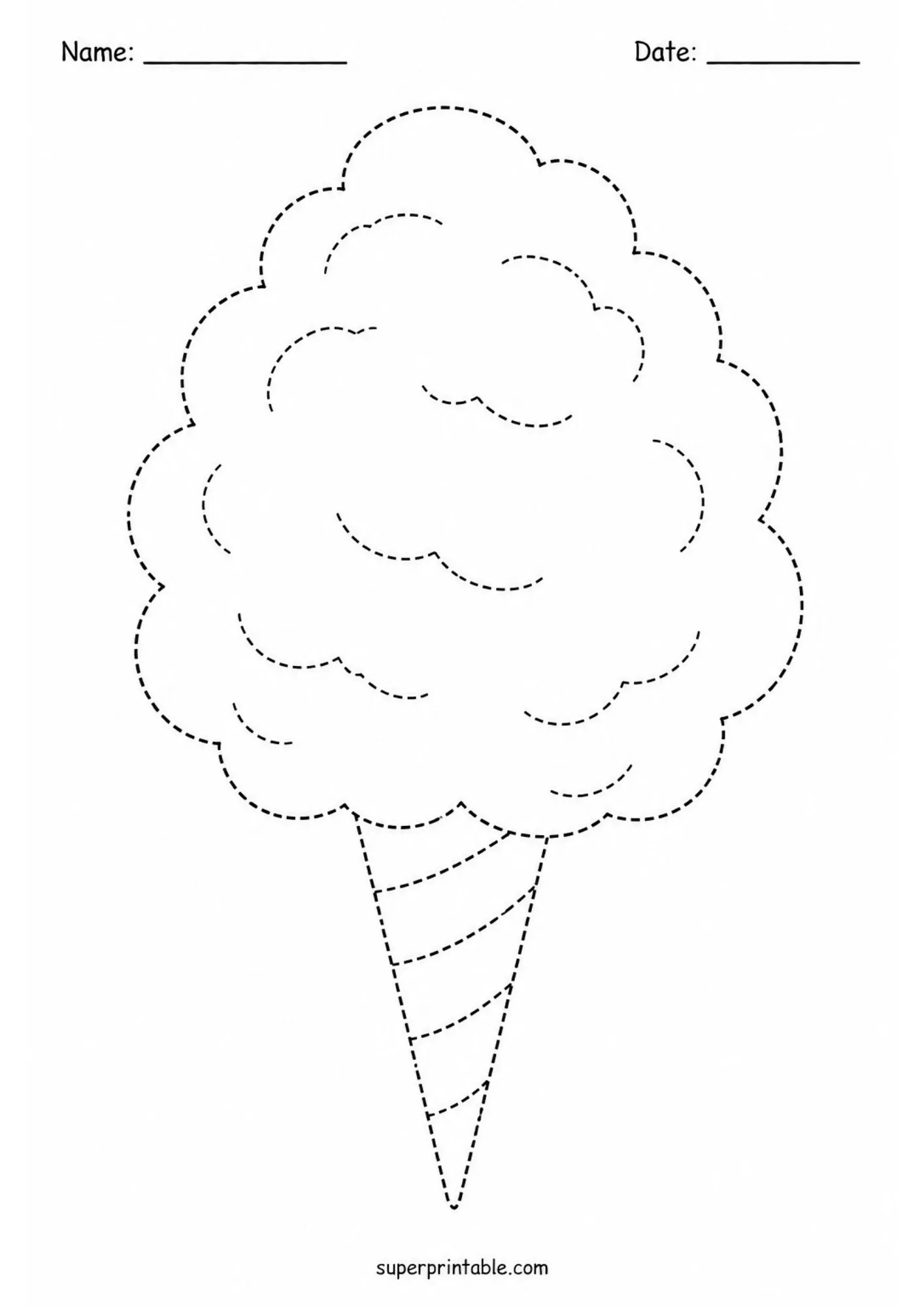 Line tracing activity sheet showing a sweet cotton candy cone for preschool fine motor skill practice.