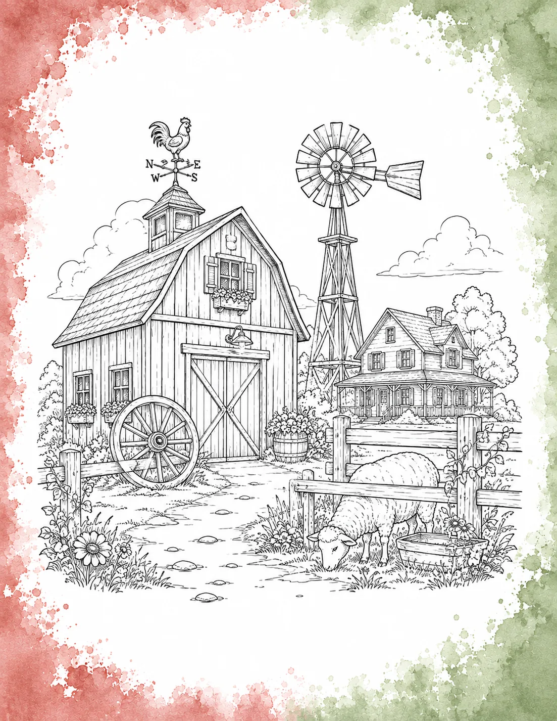 Country farm coloring page featuring a wooden barn with a rooster weather vane, a tall water windmill, a farmhouse, and a grazing sheep inside a green and red border.