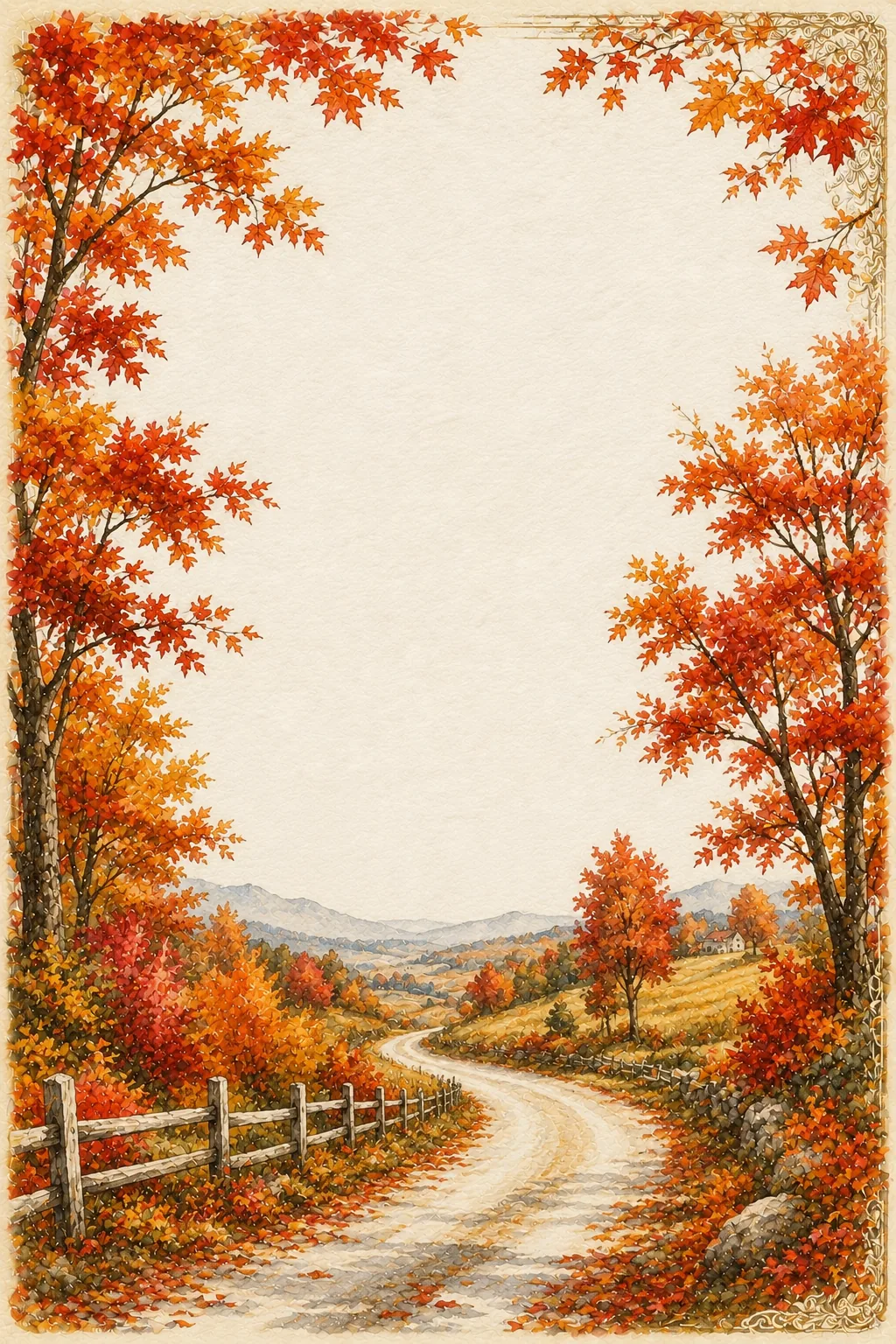Watercolor border paper featuring a winding country road flanked by colorful autumn foliage.