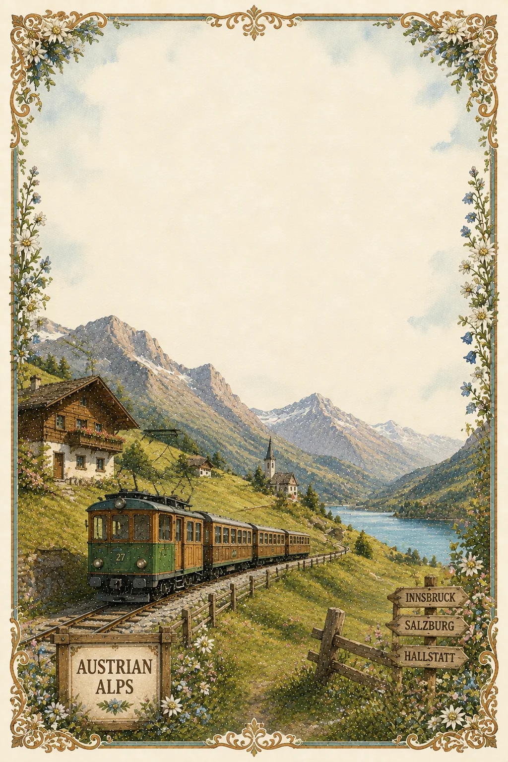 Charming country village depot with cozy wooden station hut in soft washed edge.