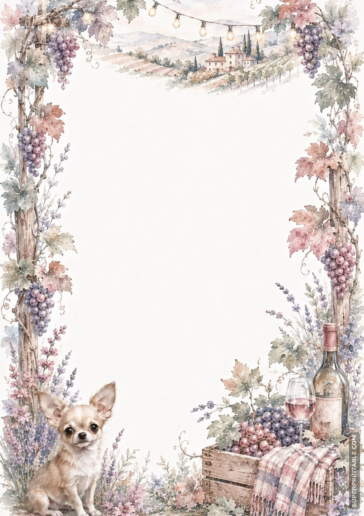 Tuscan vineyard border featuring grape clusters wine bottle glass and a tan chihuahua