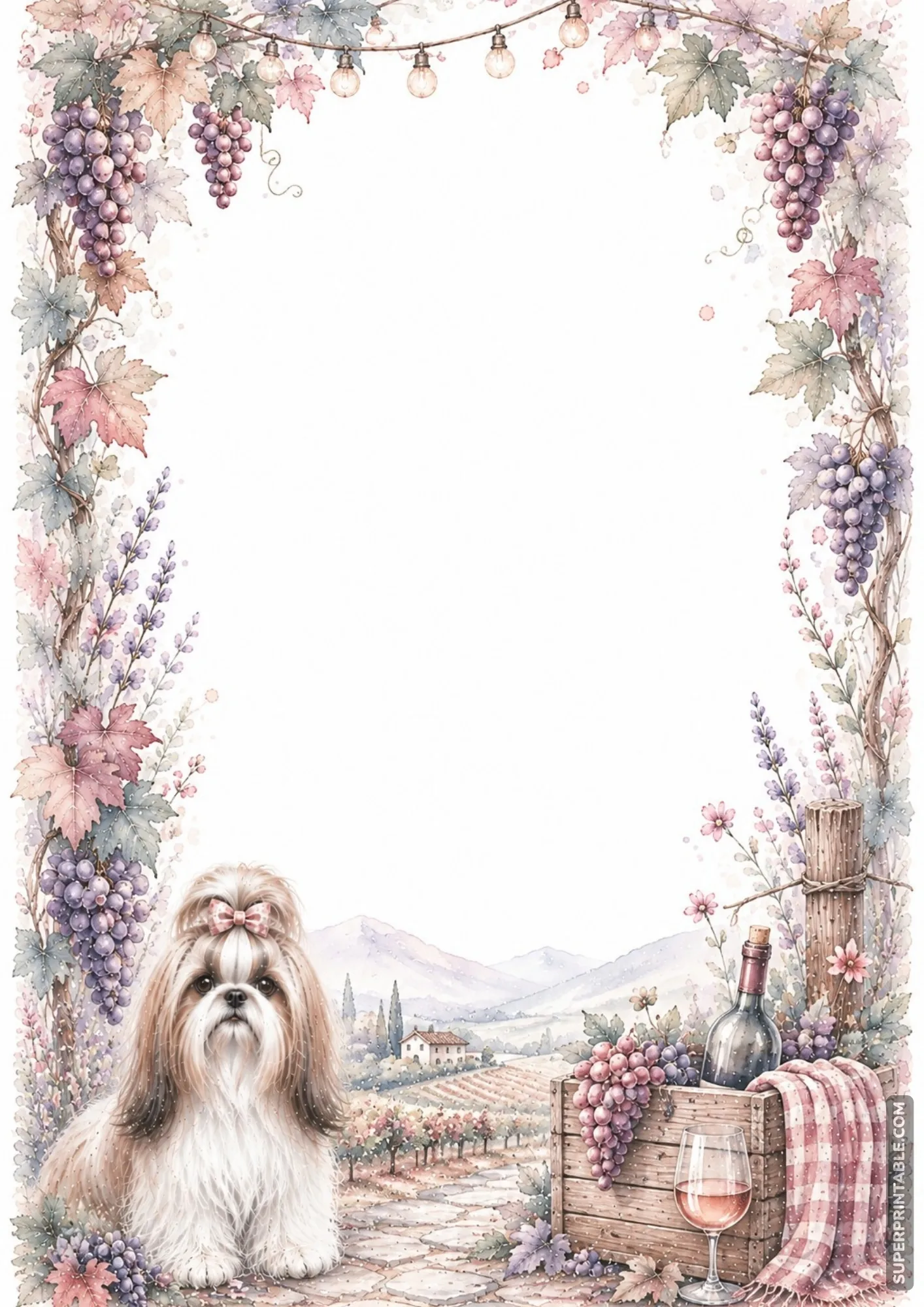 Scenic vineyard border page featuring grape bunches wine bottle glass and puppy