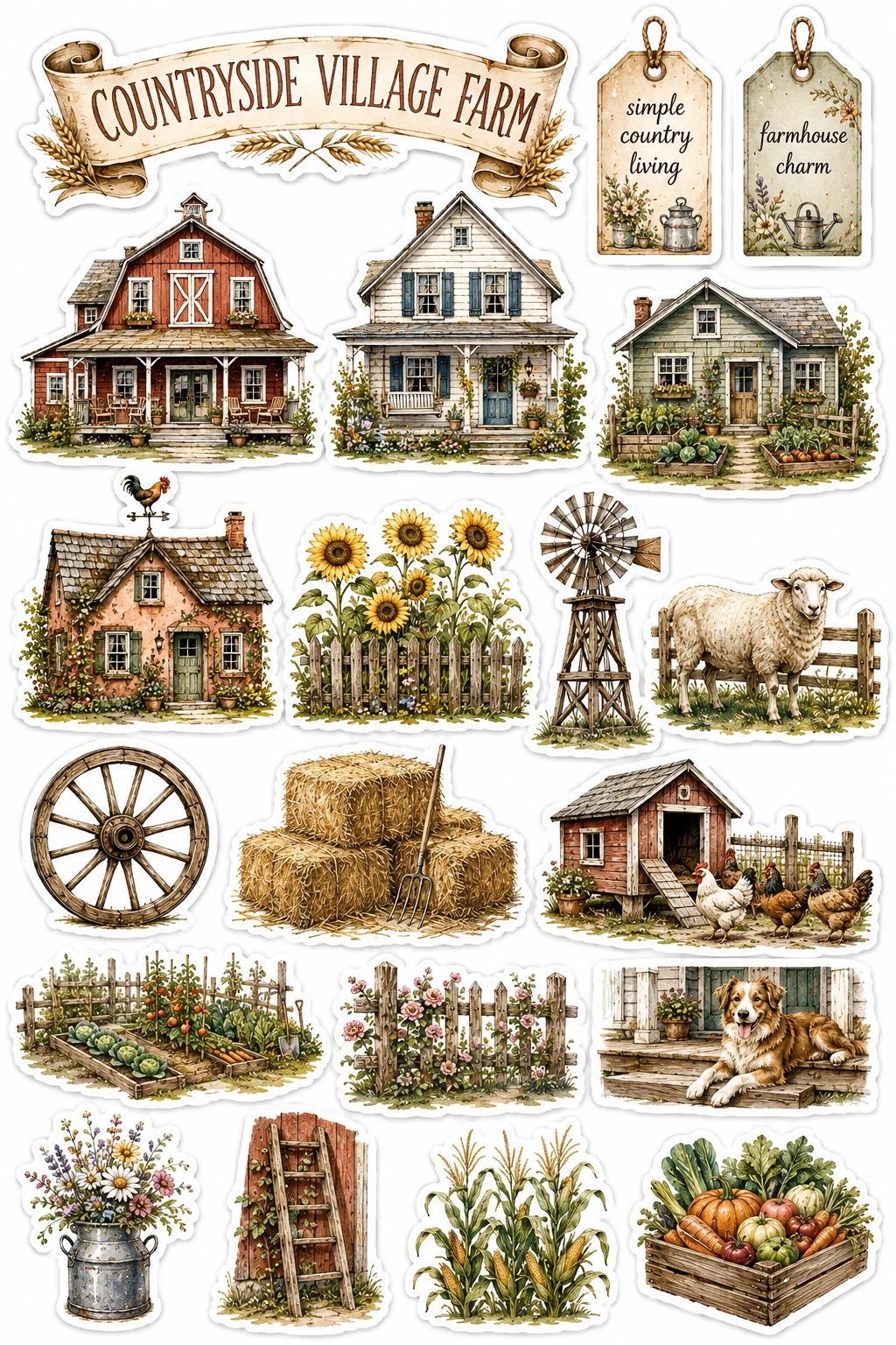 Countryside Village Farm Windmill Barn Sheep Sheet featuring cottagecore architecture, cozy village houses, seasonal cabins, and countryside farms.
