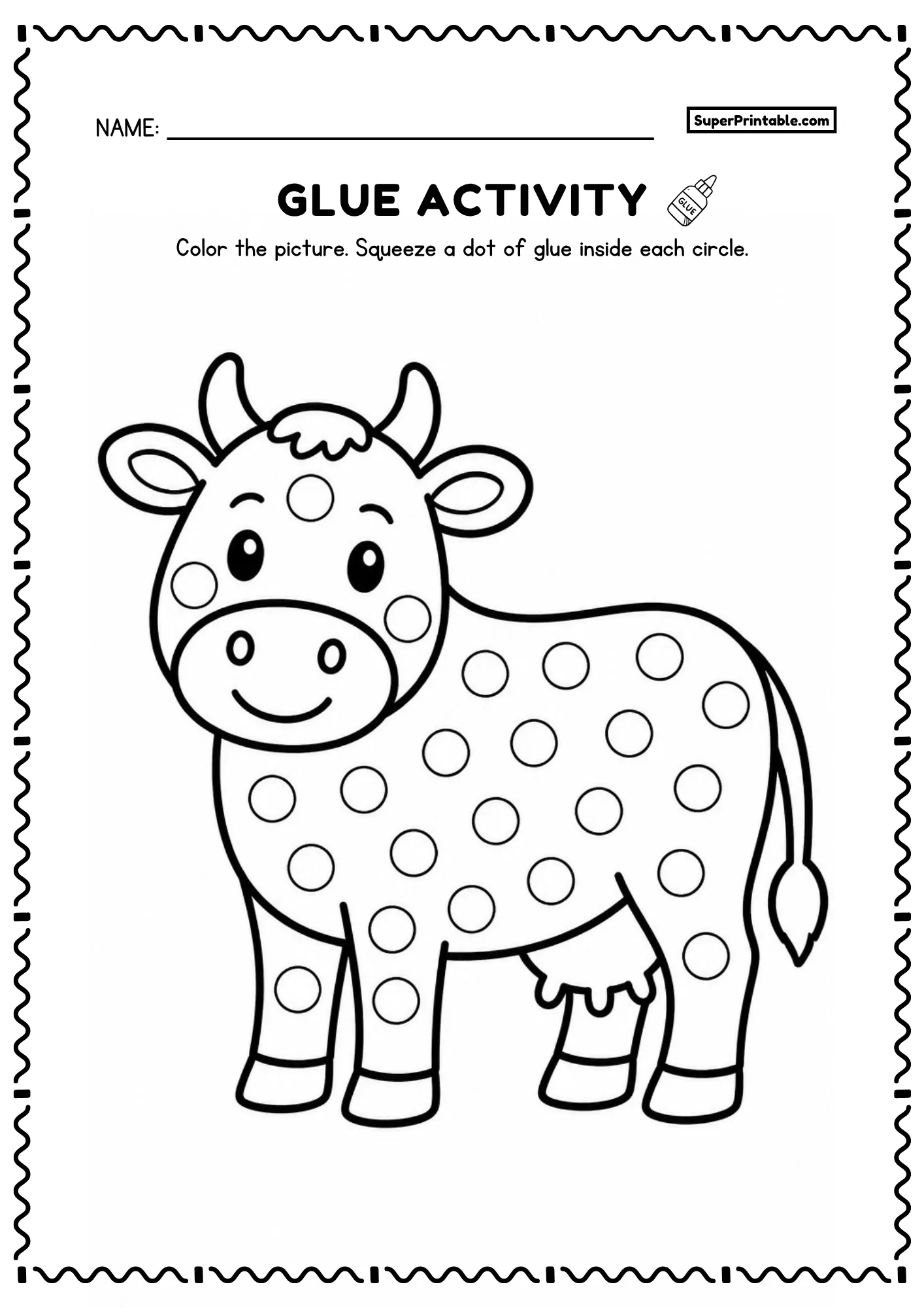 Printable dot glue farm worksheet showing a cute cartoon cow with large dot circles for toddlers