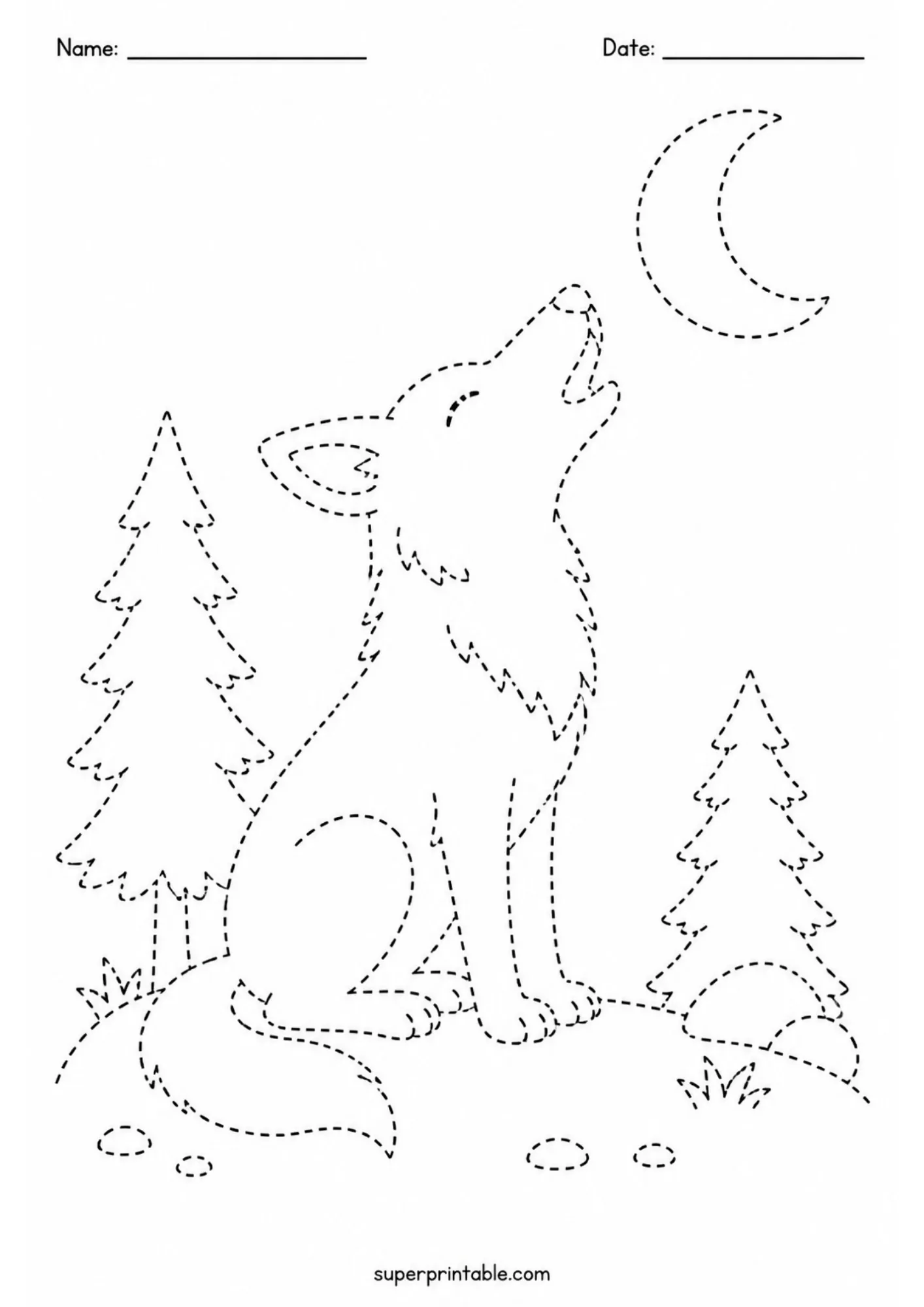 Coyote howling at a crescent moon dashed line tracing worksheet for elementary art and science.