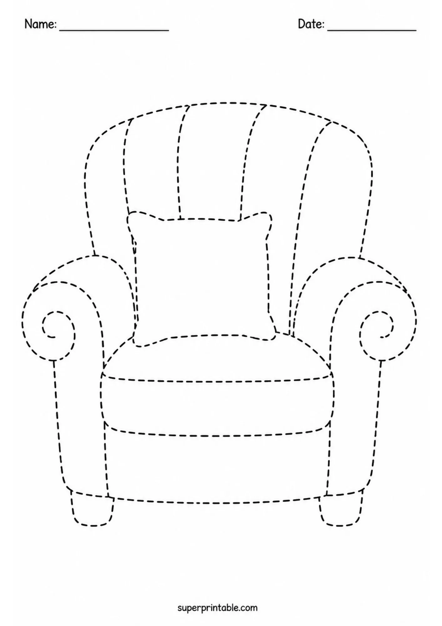 Dashed line tracing worksheet of a cozy armchair with a throw pillow for fine motor practice.