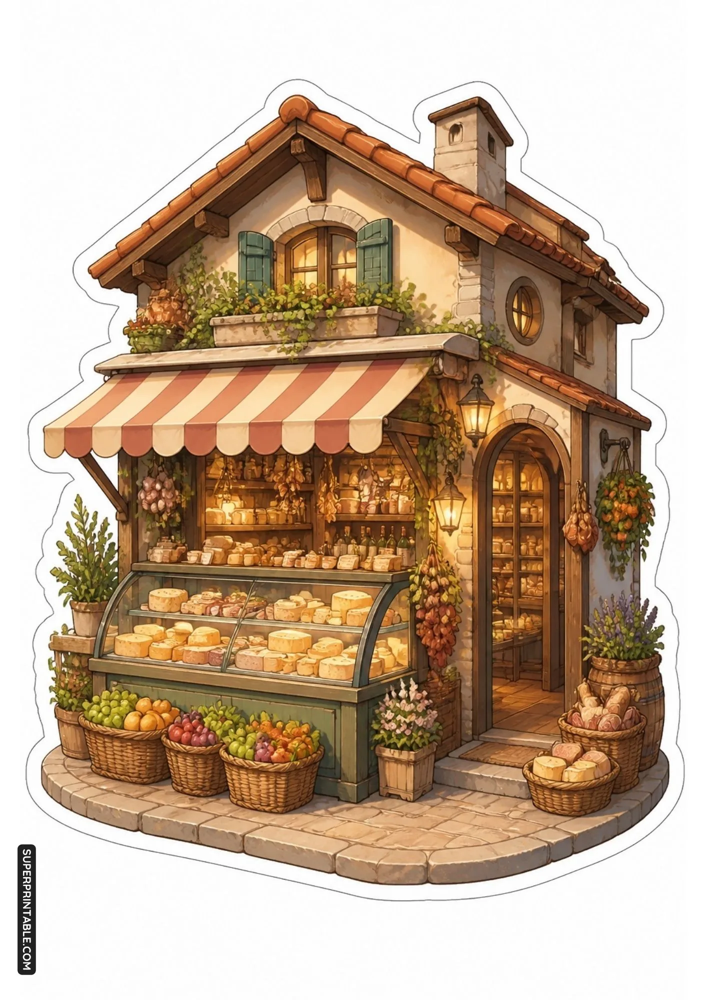 Rustic cheese shop cottage sticker with fresh produce baskets and cheese wheels.