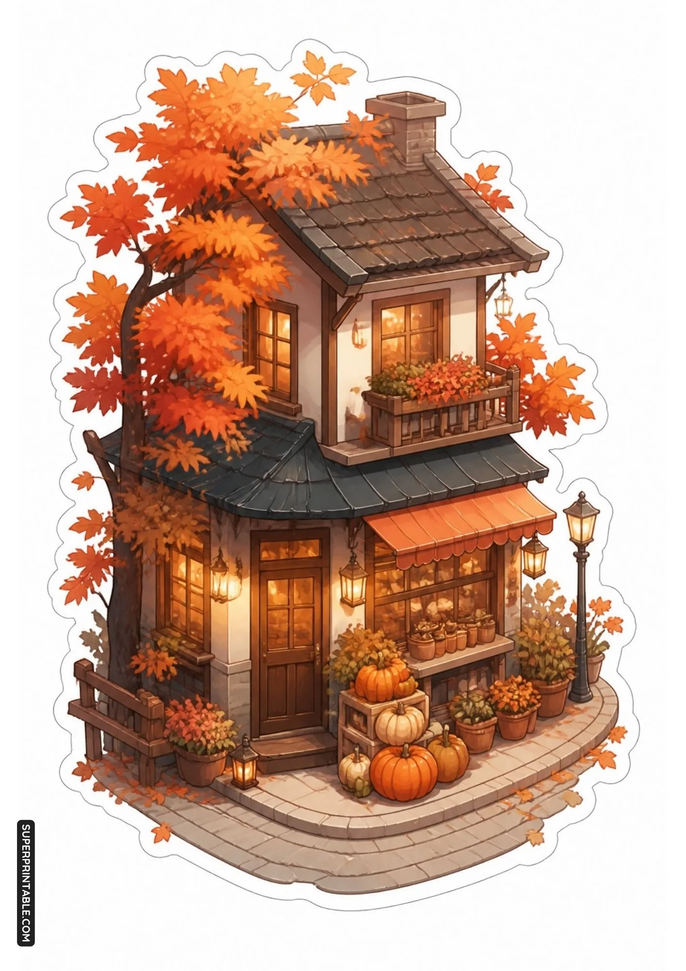 Autumn cottage sticker with vibrant orange fall foliage and pumpkin crates.