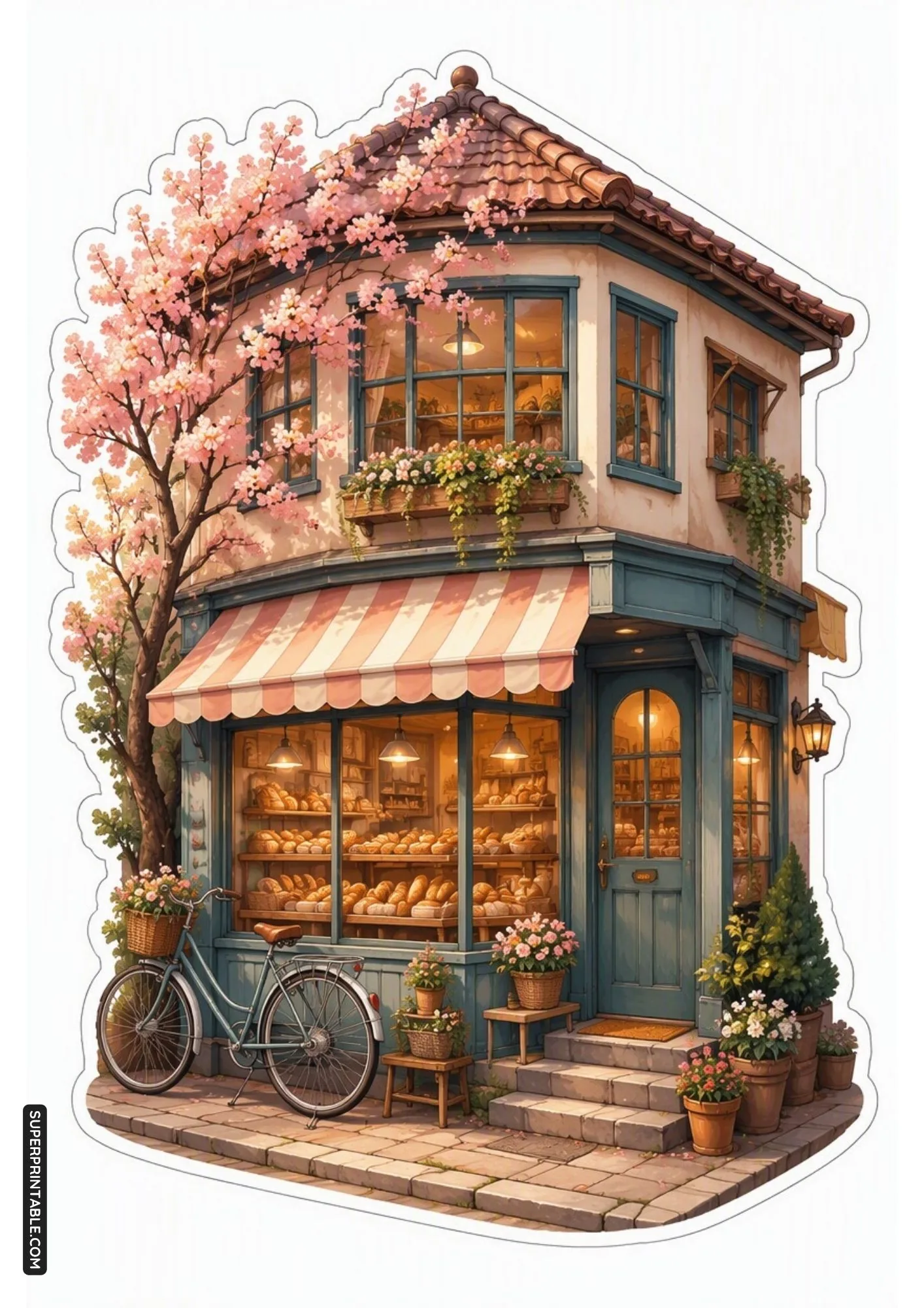 Whimsical bakery shop cottage sticker with a striped awning and vintage bicycle.