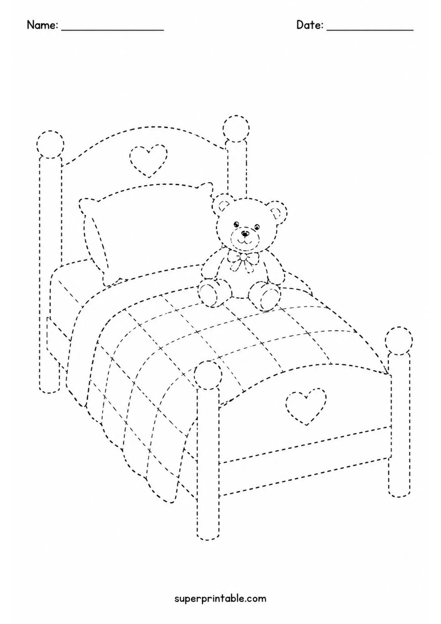 Dashed line tracing activity sheet of a bed with a plush teddy bear on a quilted cover.