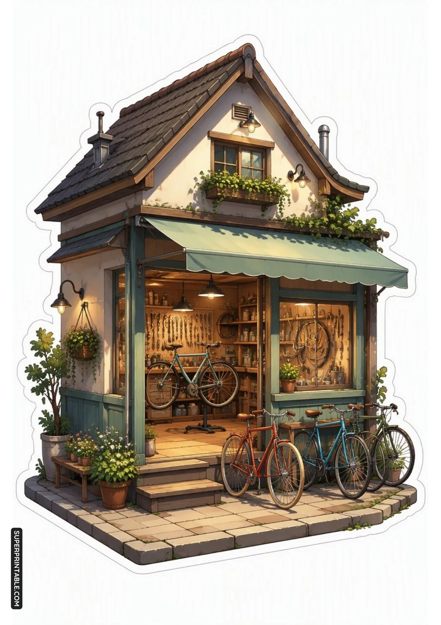 Bicycle repair workshop cottage sticker with vintage bikes and tool racks.