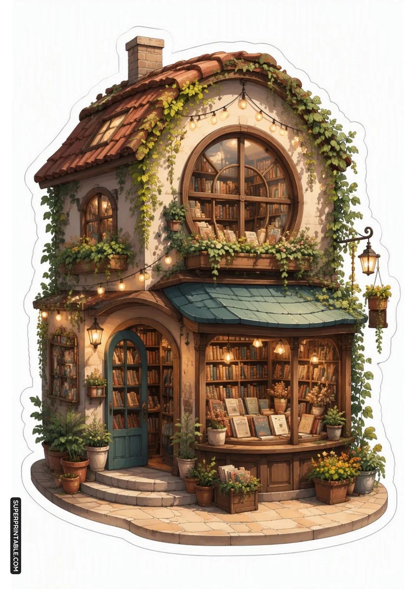 Storybook bookstore cottage sticker adorned with climbing ivy and glowing windows.