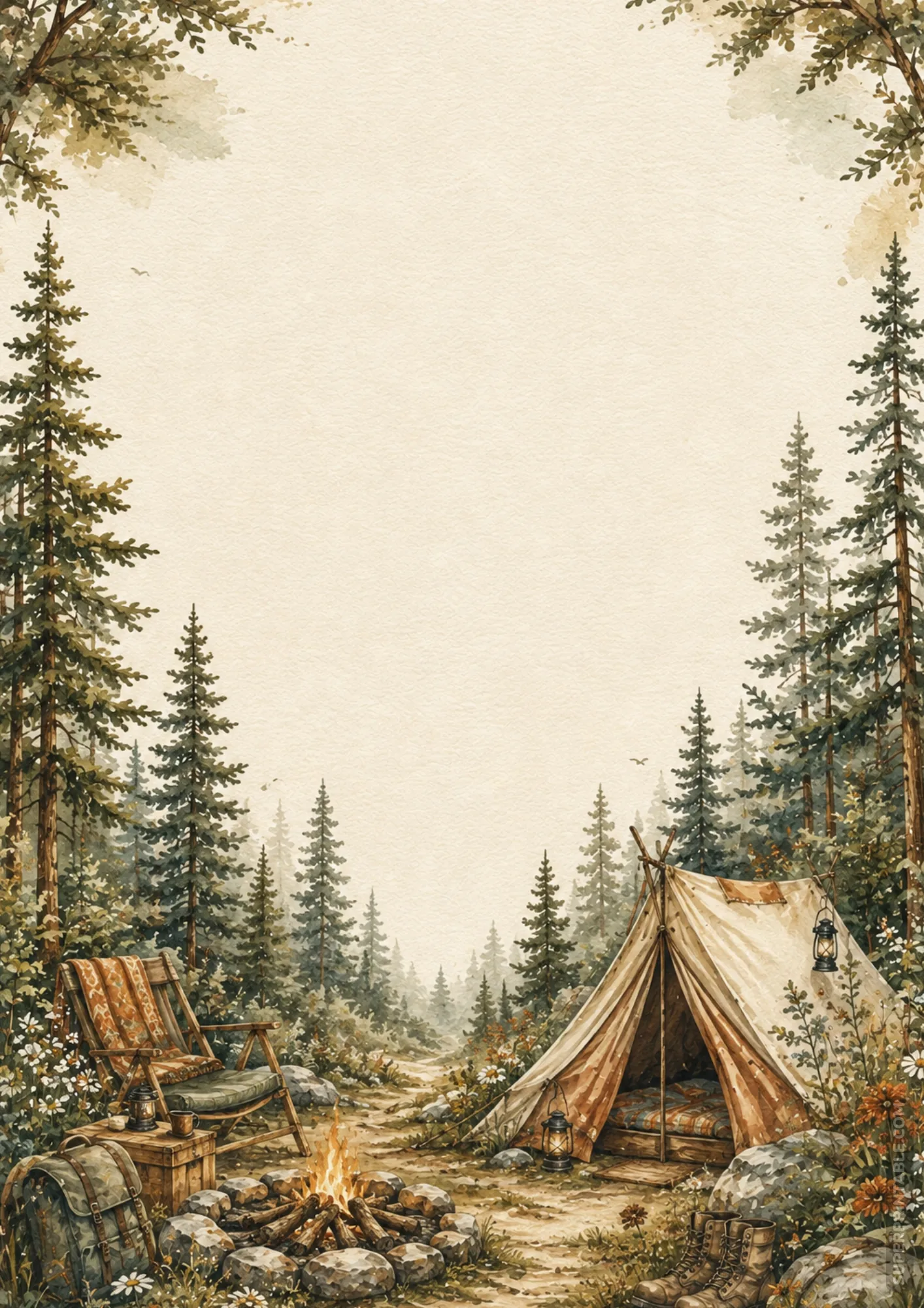 Cozy wilderness campsite page border with glowing campfire, canvas tent, and hiking boots.