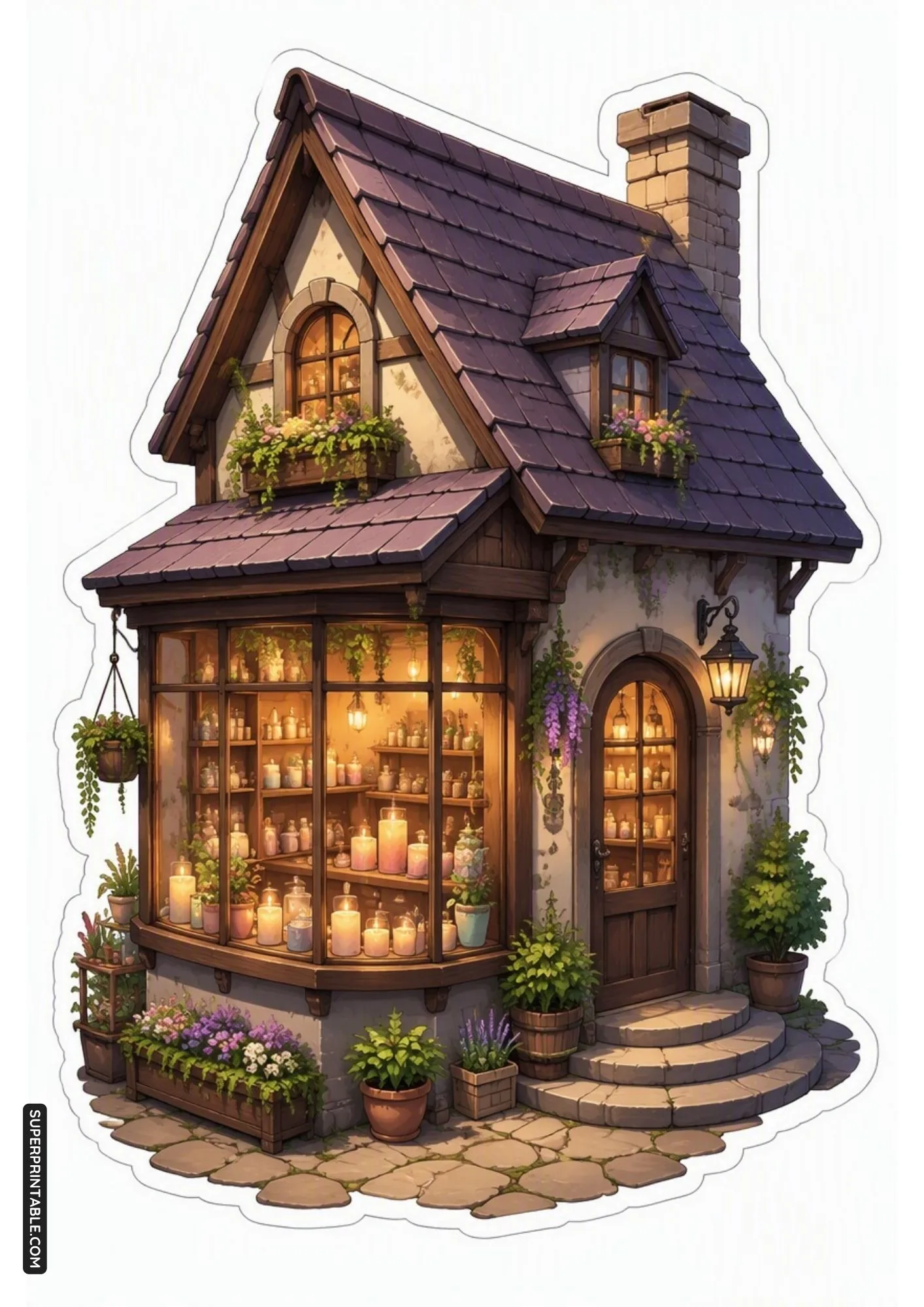 Warm candle shop cottage sticker displaying illuminated candles in window bays.