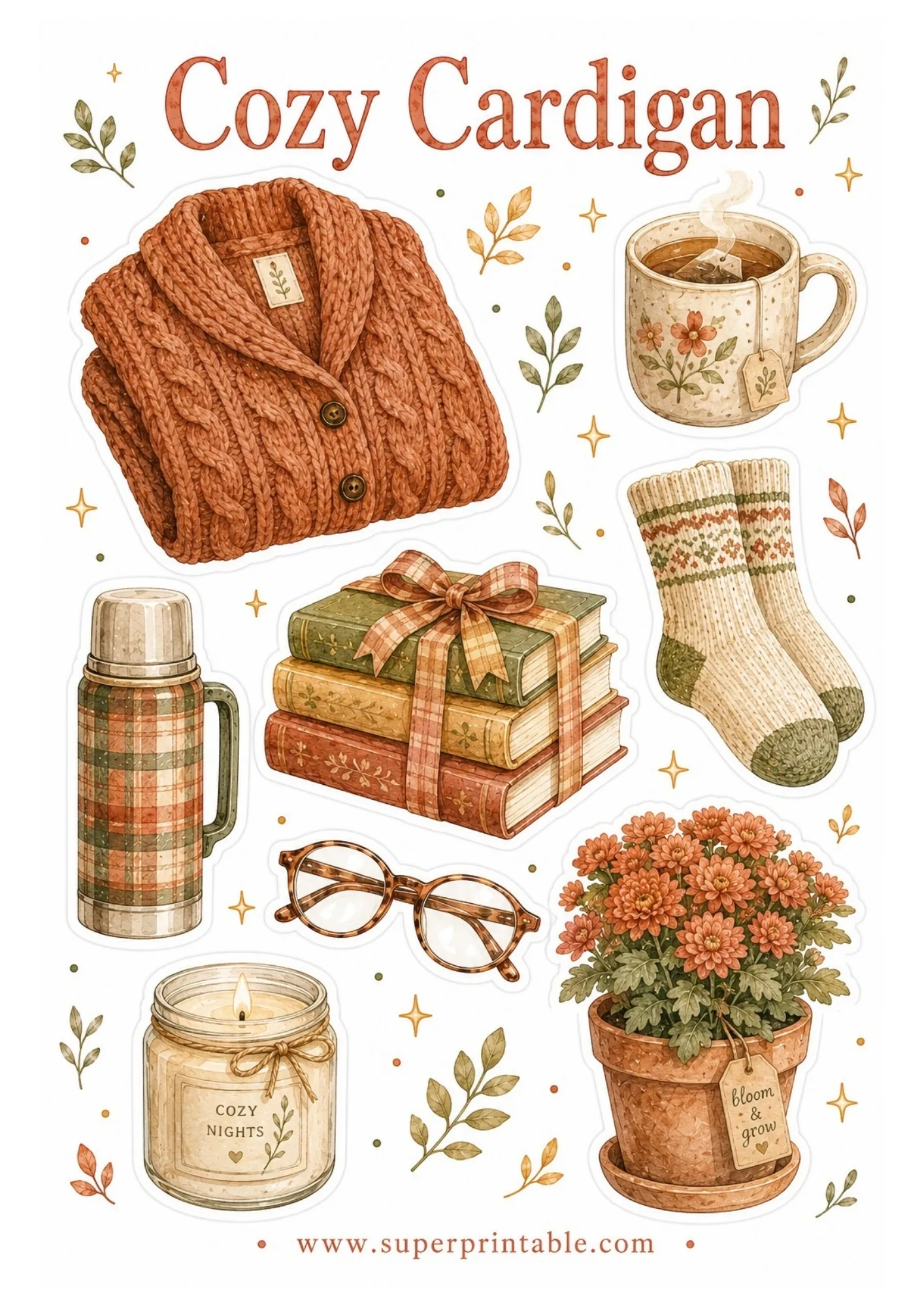 Printable autumn sticker sheet showing watercolor knit cardigan sweater, tea mug, plaid thermos, stack of books, wool socks, glasses, and potted flowers.