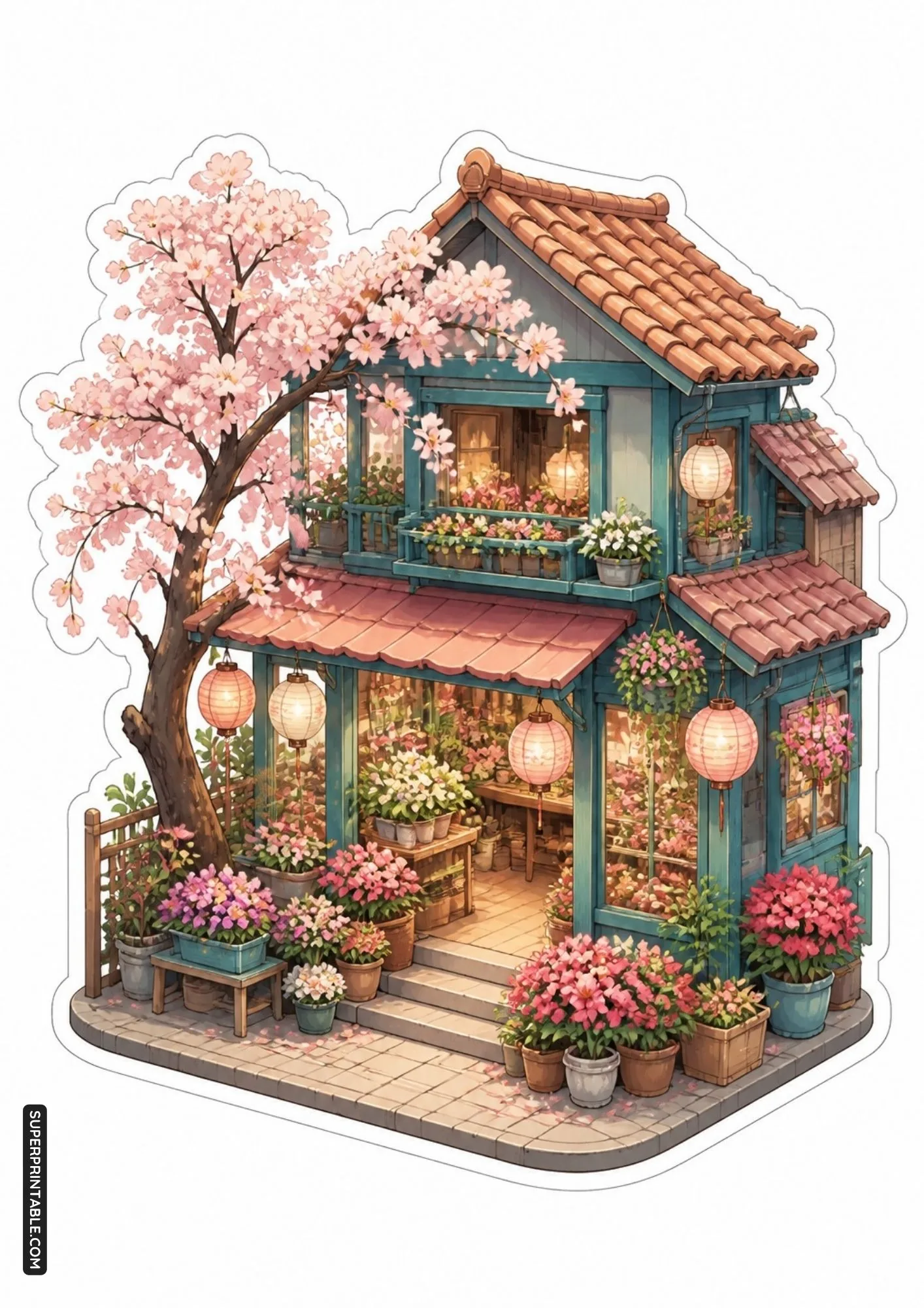 Detailed cozy cottage house stickers featuring a cherry blossom flower shop.