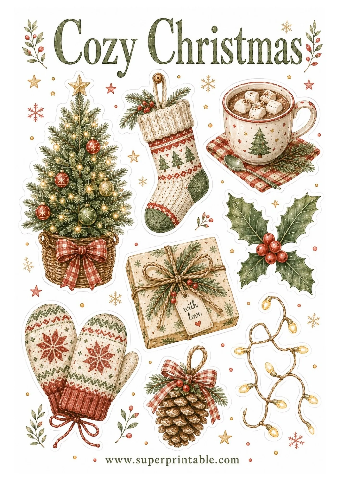 Printable Christmas sticker sheet with watercolor Christmas tree, stocking, hot cocoa mug, holly berries, knit mittens, wrapped gift box, and string lights.