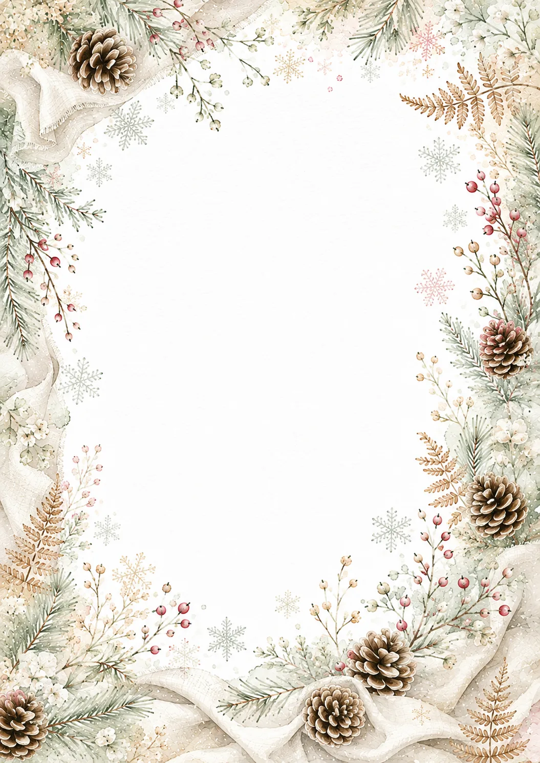 Cozy Christmas border with pine greenery, berries, ornaments, and a warm winter arrangement
