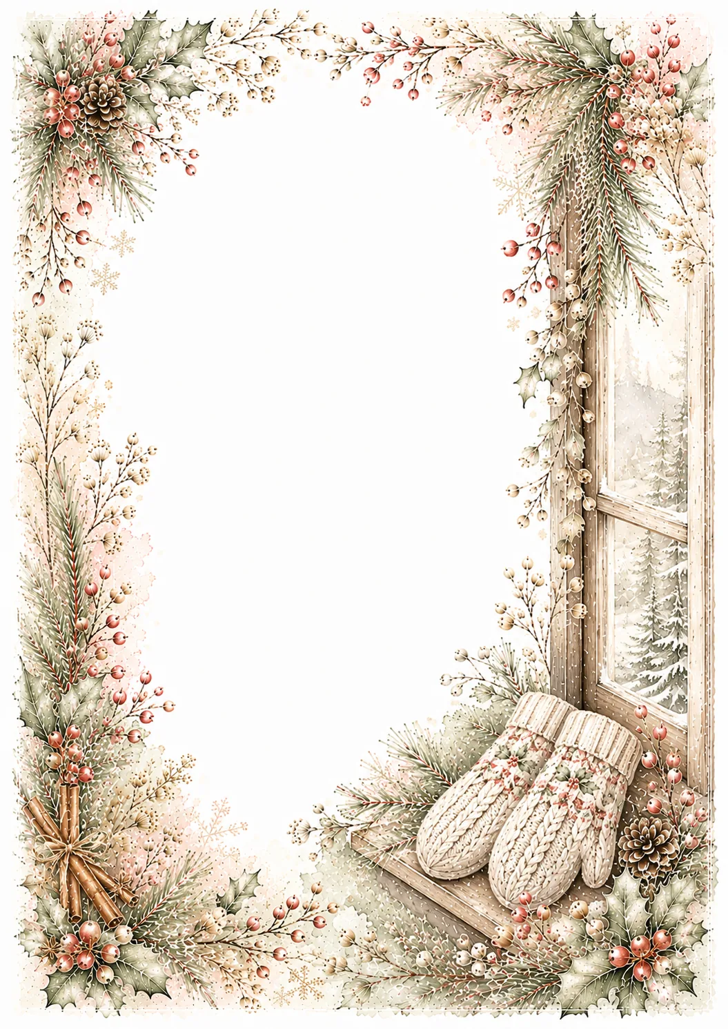 Cozy winter border with a snowy window, knitted mittens, pine branches, and holly berries