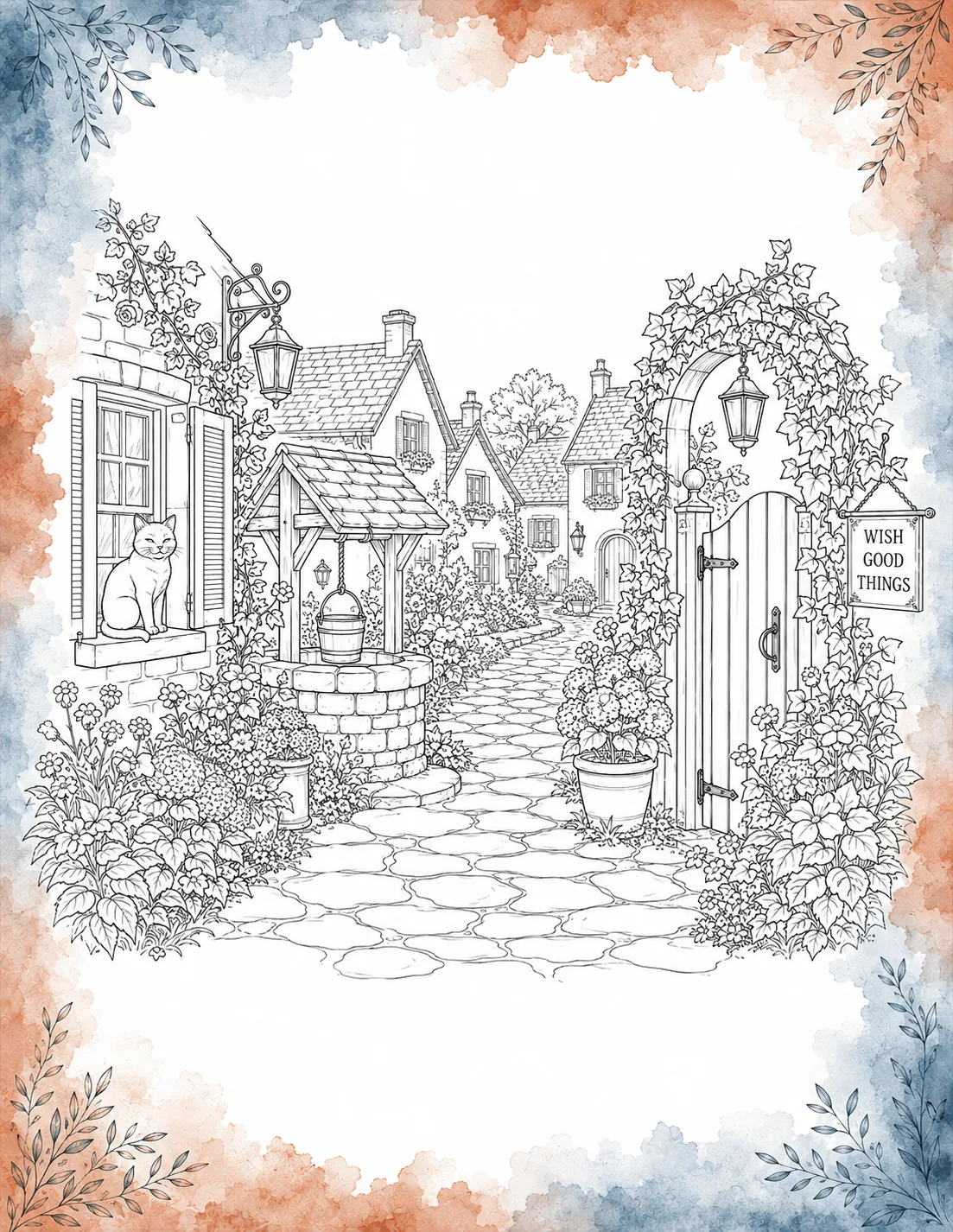 Black and white coloring page showing a cat sitting in a cottage window, a stone wishing well, and an ivy-covered archway with a Wish Good Things sign in a blue and orange border.