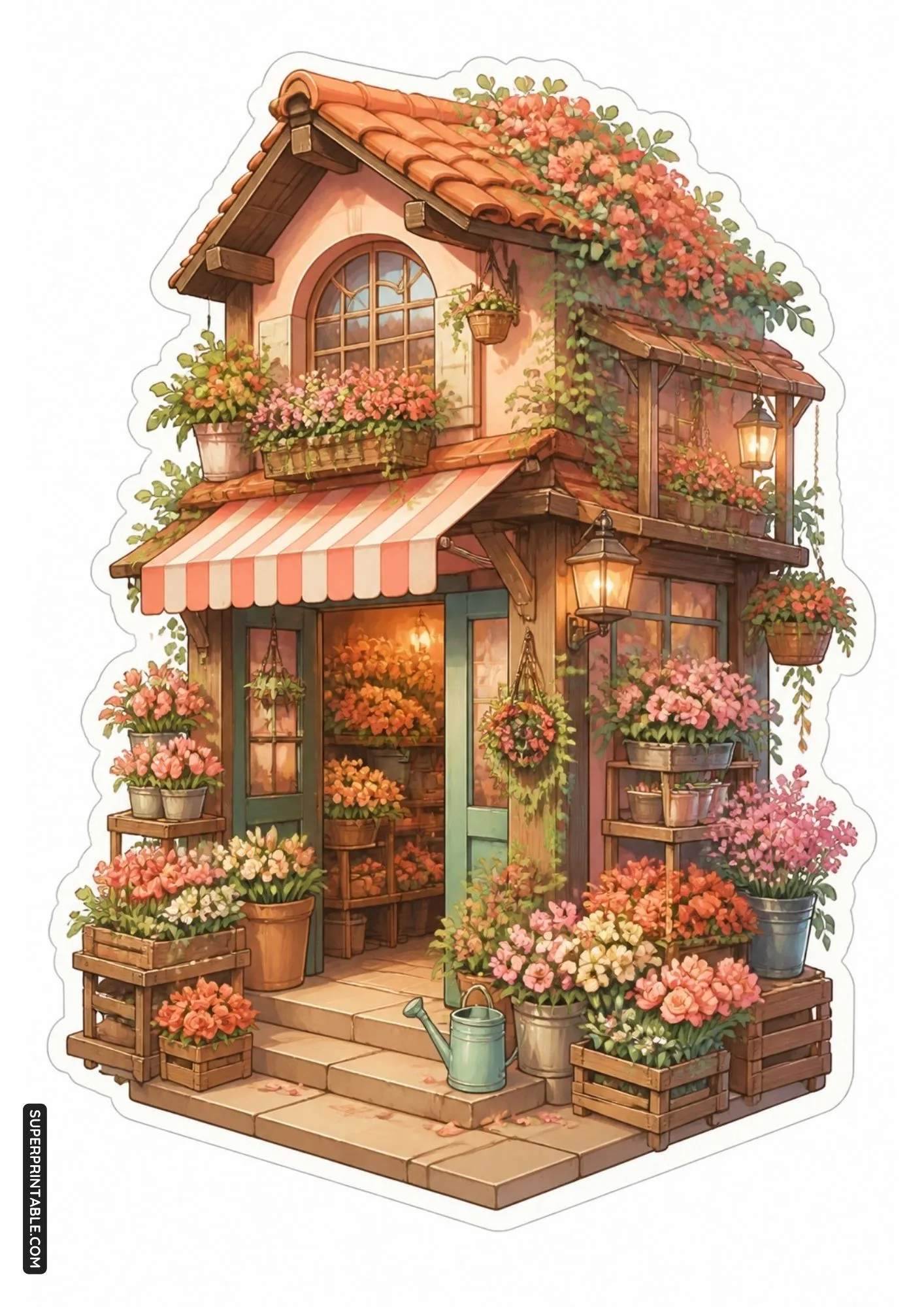 Botanical plant shop cottage sticker overflowing with potted flowers and greenery.