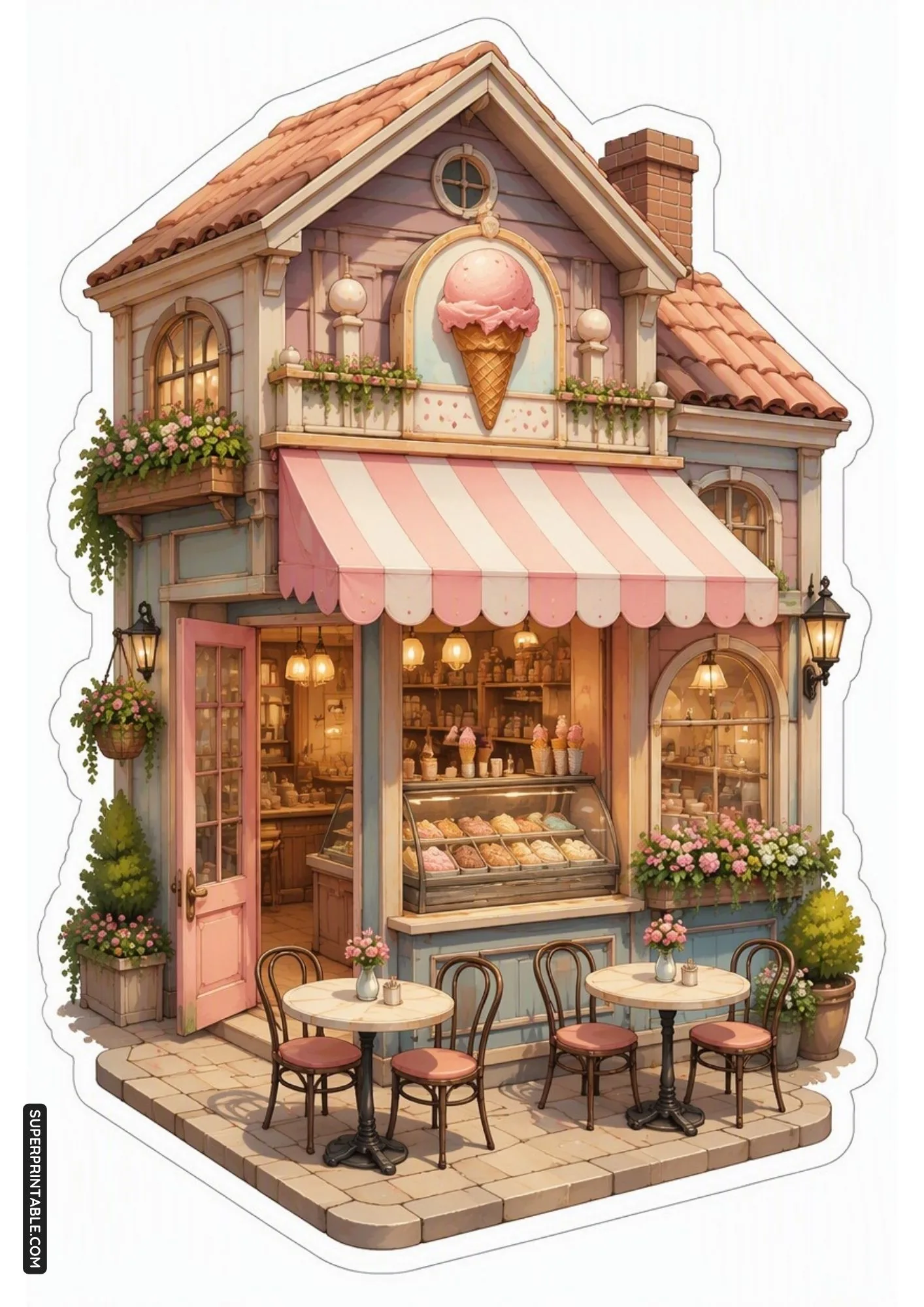Pastel ice cream shop cottage sticker with outdoor bistro seating and flower boxes.
