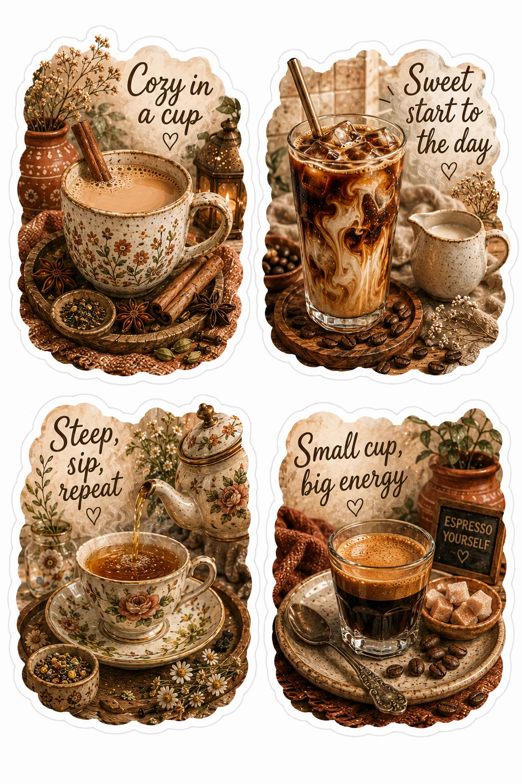 Cozy In Cup Steep Sip Repeat Espresso Sheet featuring cozy coffee aesthetic, tea time rituals, espresso drinks, and bakery cafes.