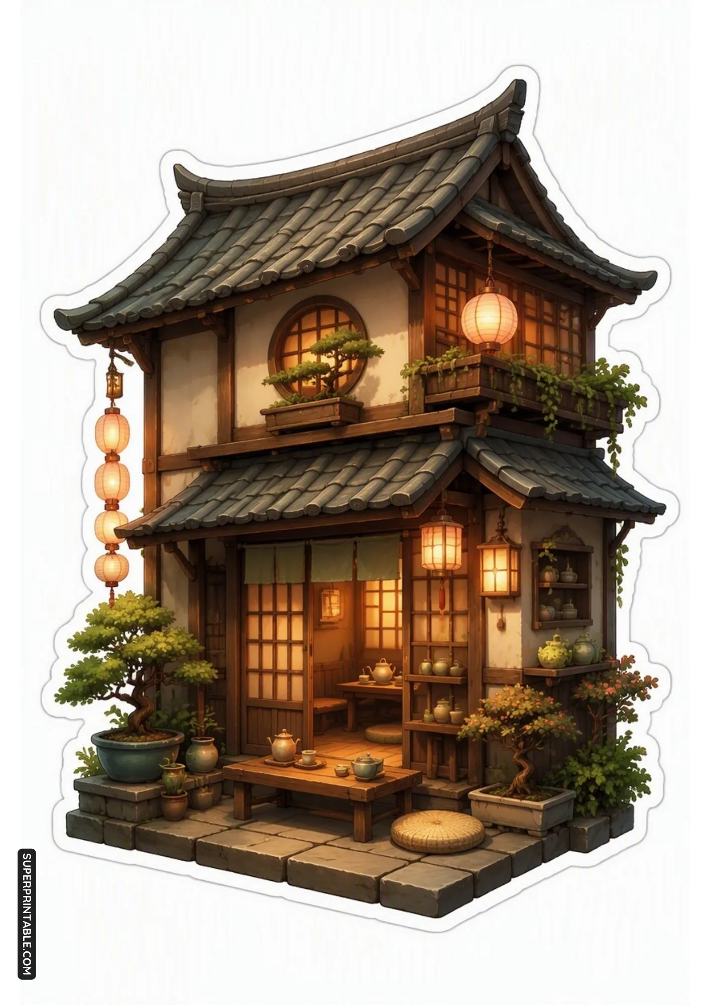 Japanese tea house cottage sticker featuring wooden architecture and hanging lanterns.