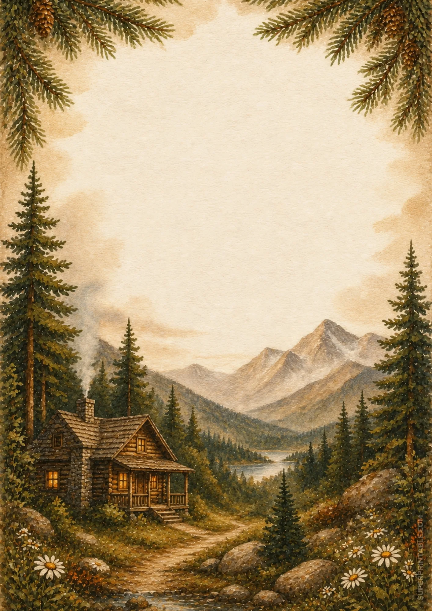 Cozy log cabin writing border with glowing windows, smoking chimney, and alpine scenery.