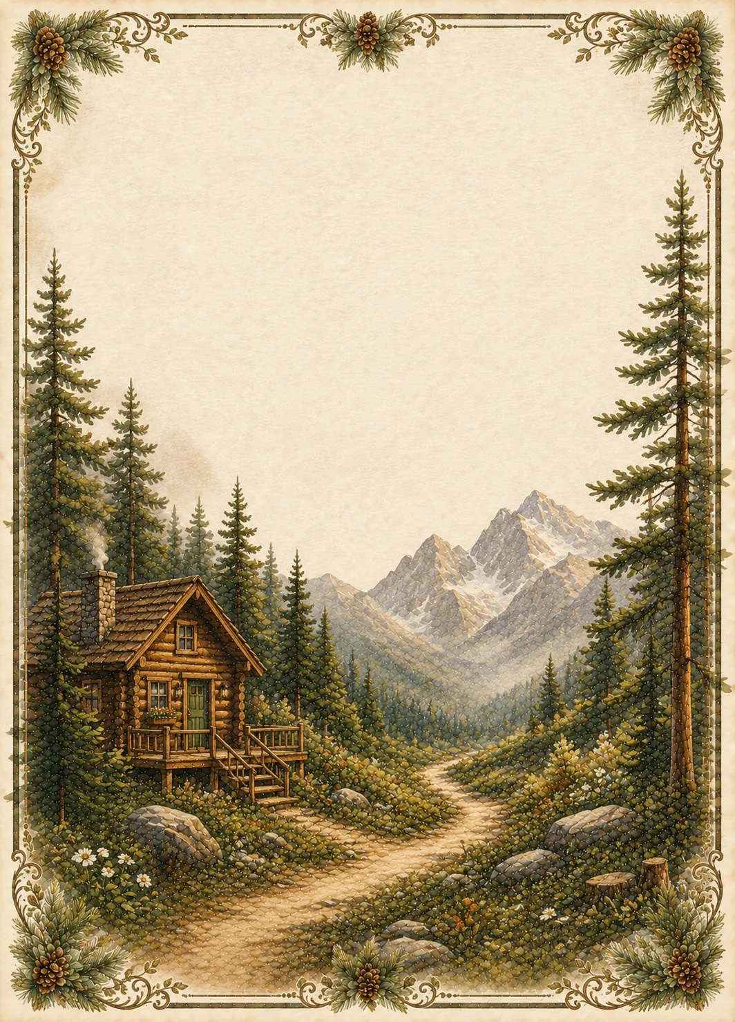 Cozy log cabin nestled in a pine forest path facing distant snow-capped mountains.