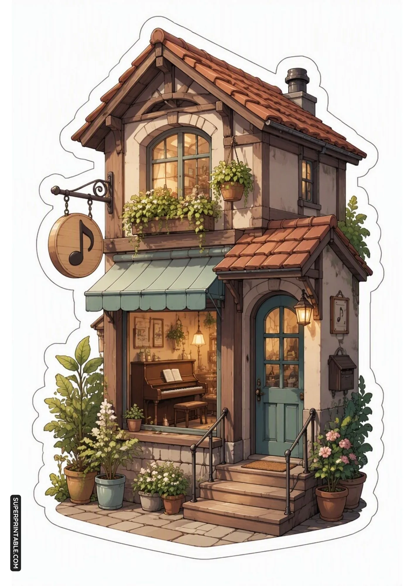 Quaint music shop cottage sticker displaying a wooden piano through window glass.