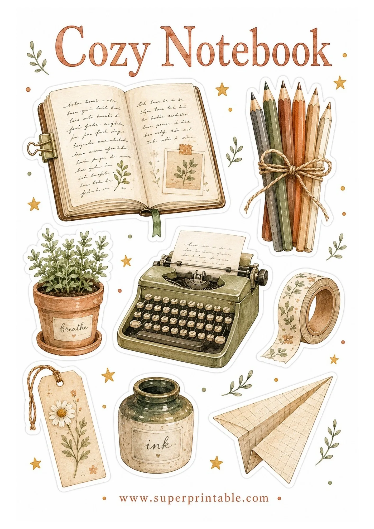 Printable journaling sticker sheet with watercolor vintage journal, pencils, potted plant, typewriter, washi tape, ink jar, and paper airplane.