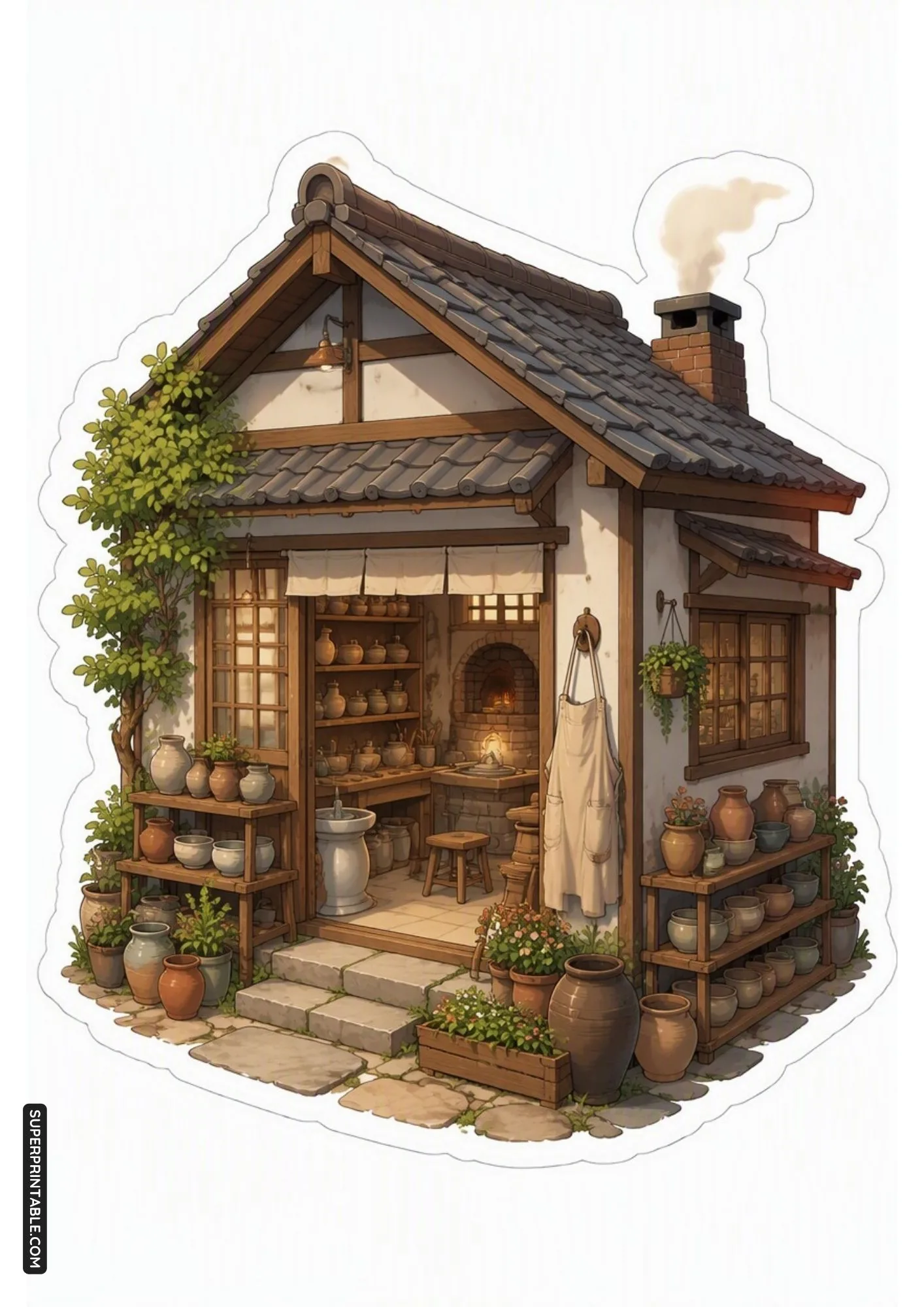 Artisan pottery workshop cottage sticker with clay vases and a stone chimney.
