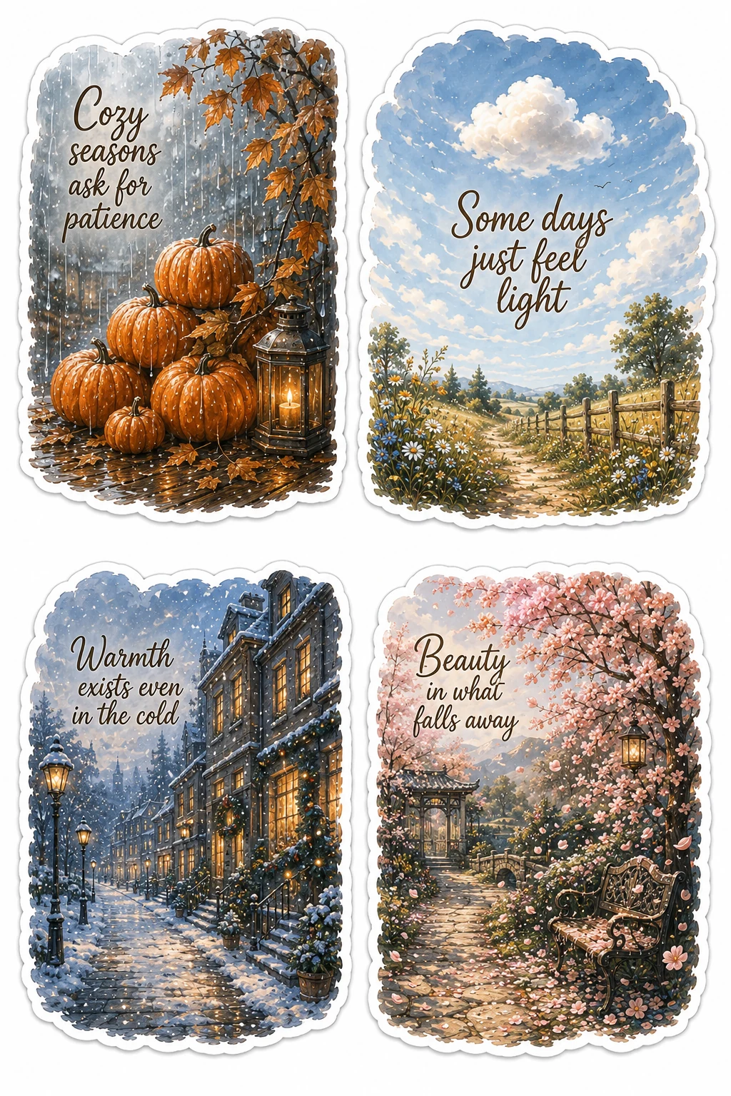 Cozy Seasons Patience Warmth In Cold Sheet featuring scenic nature landscapes, peaceful weather aesthetic, seasonal changes, and calm quotes.