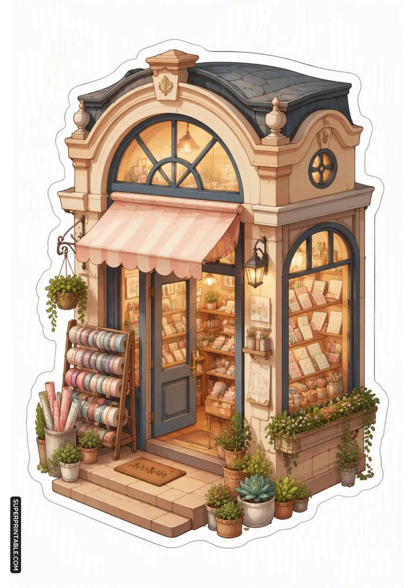 Cozy craft and stationery shop cottage sticker featuring colorful rolls of paper.