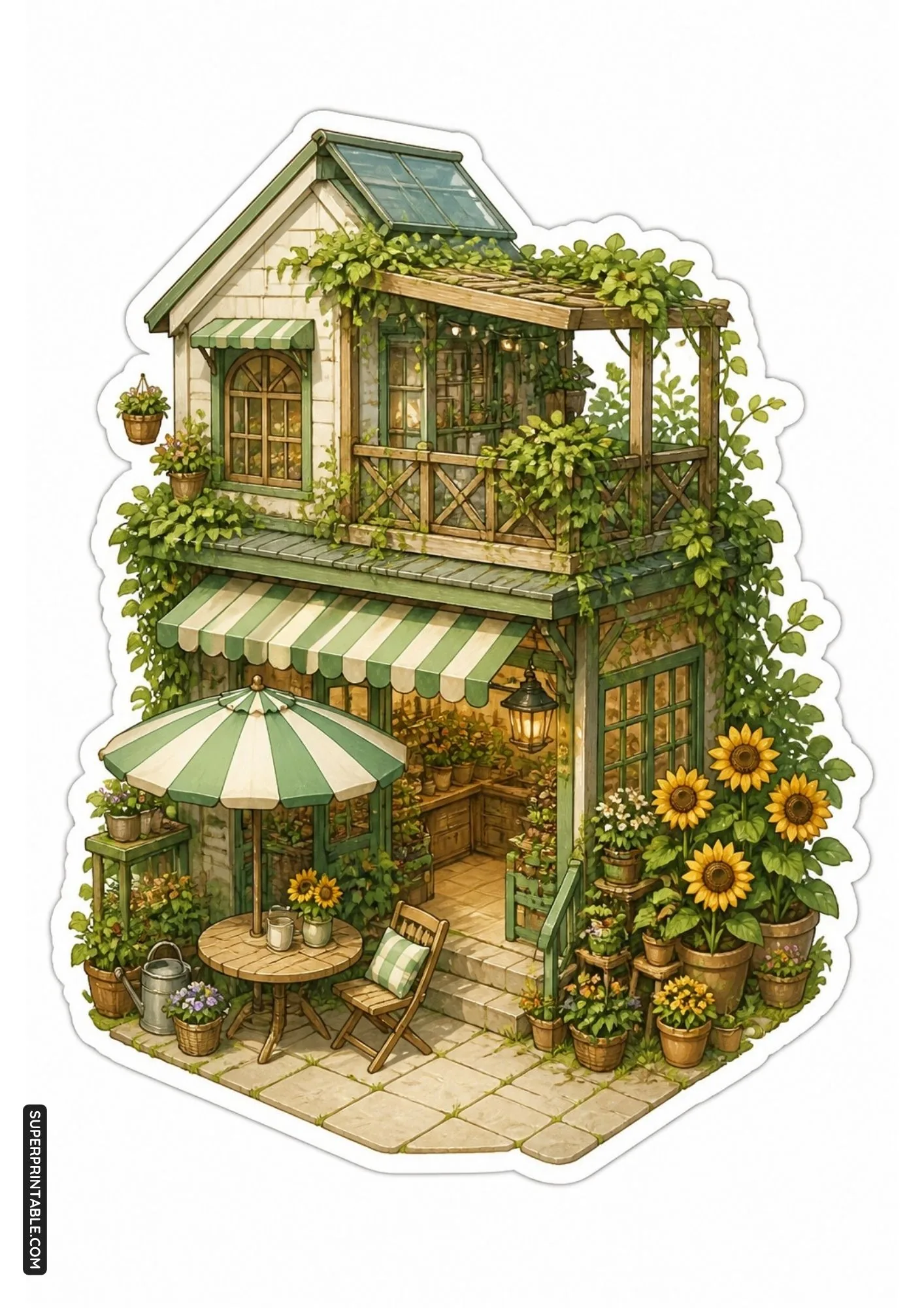 Greenhouse cottage sticker surrounded by bright yellow sunflowers and patio seating.