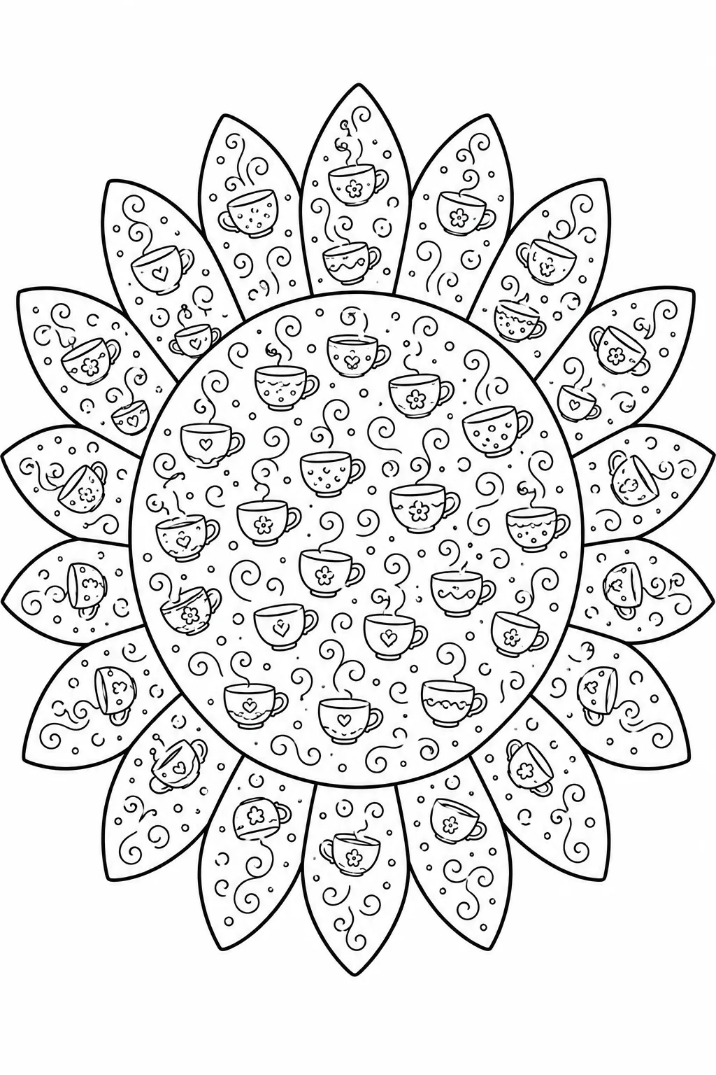 Whimsical sunflower line drawing decorated with tiny steaming teacups and coffee mugs.