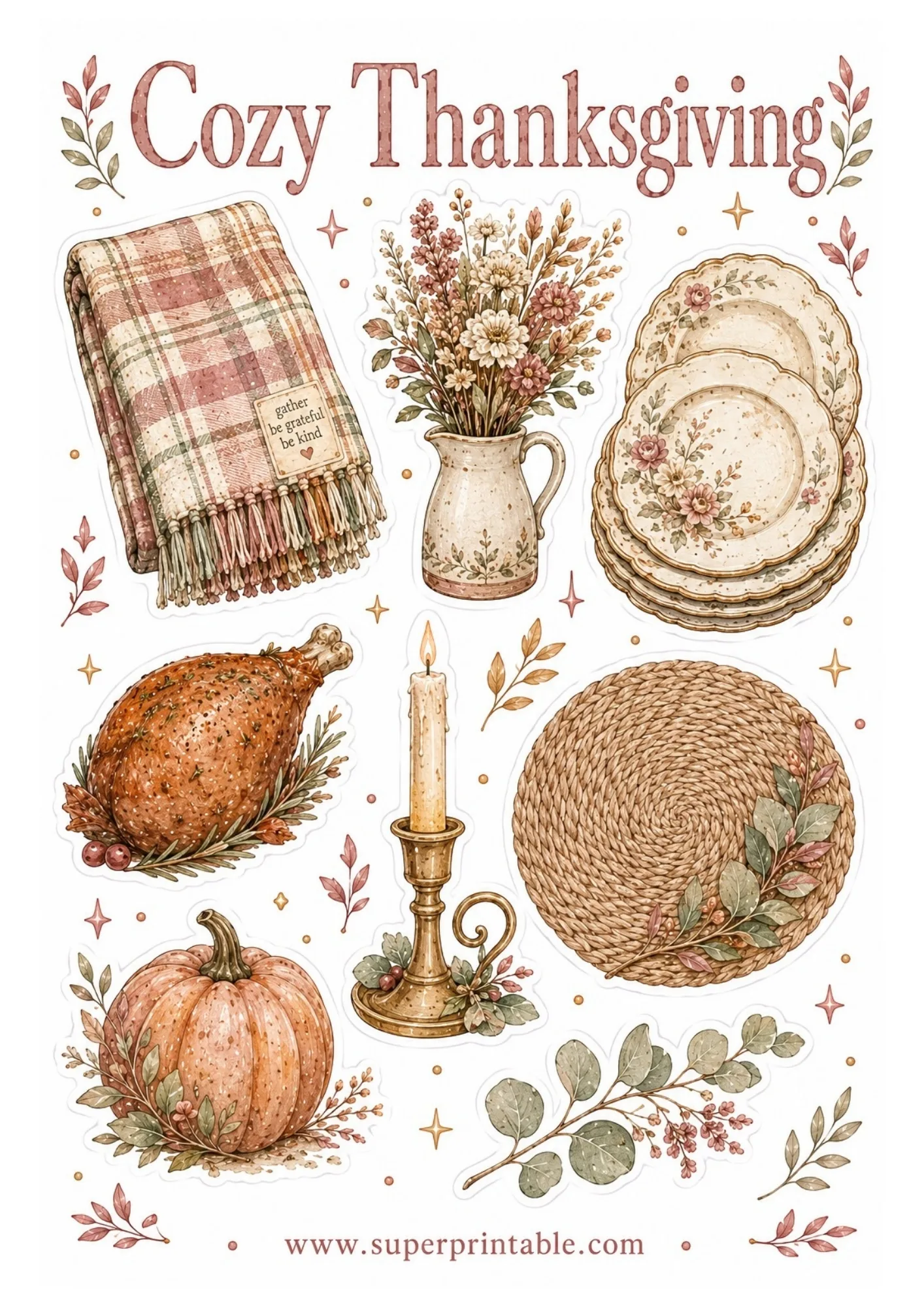 Printable Thanksgiving table sticker sheet featuring watercolor plaid blanket, floral pitcher, dinner plates, roast turkey drumstick, candle holder, and placemat.